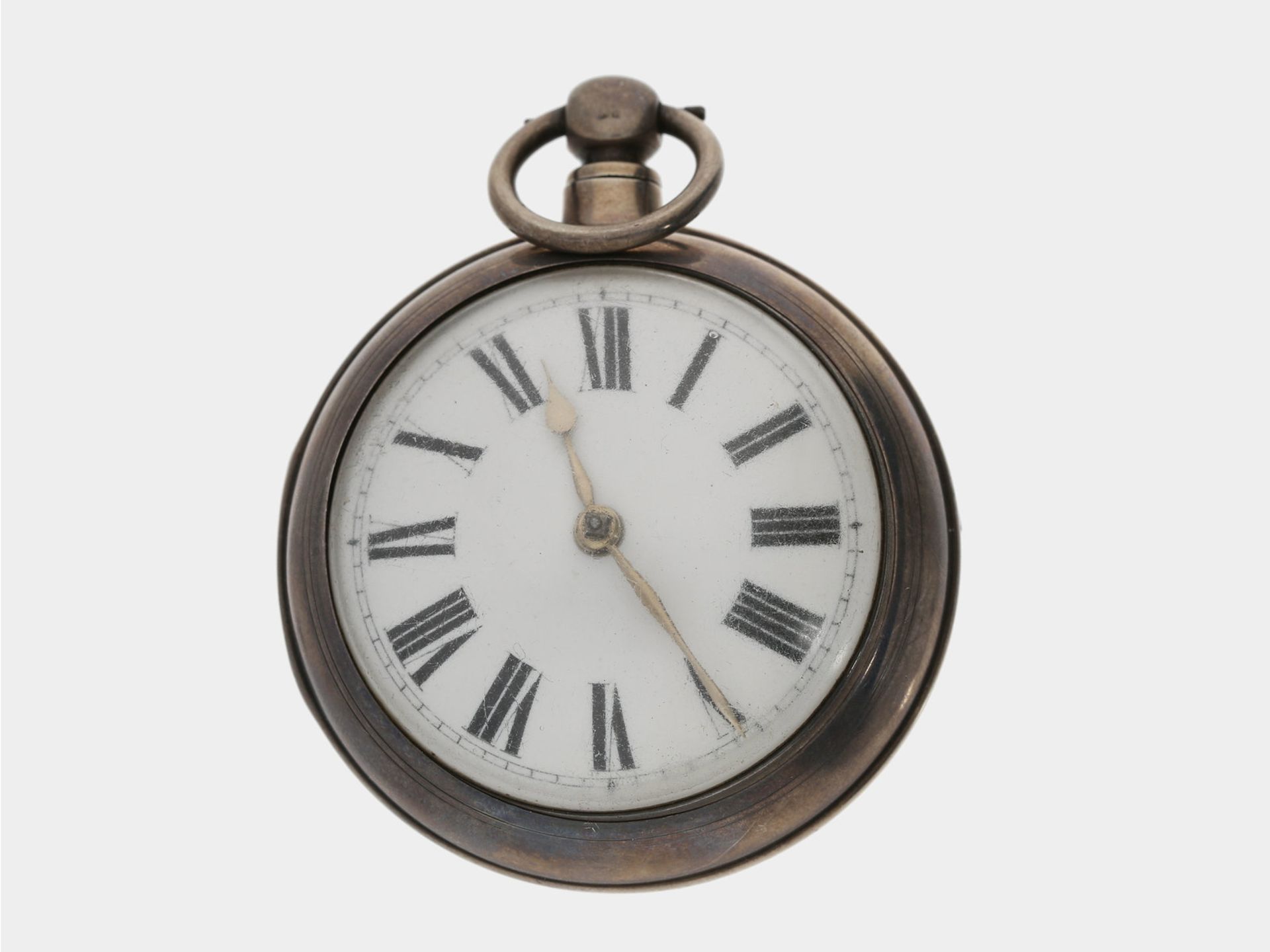 Taschenuhr: schwere silberne Doppelgehäuse-Spindeluhr mit silberner Uhrenkette mit Kompass und