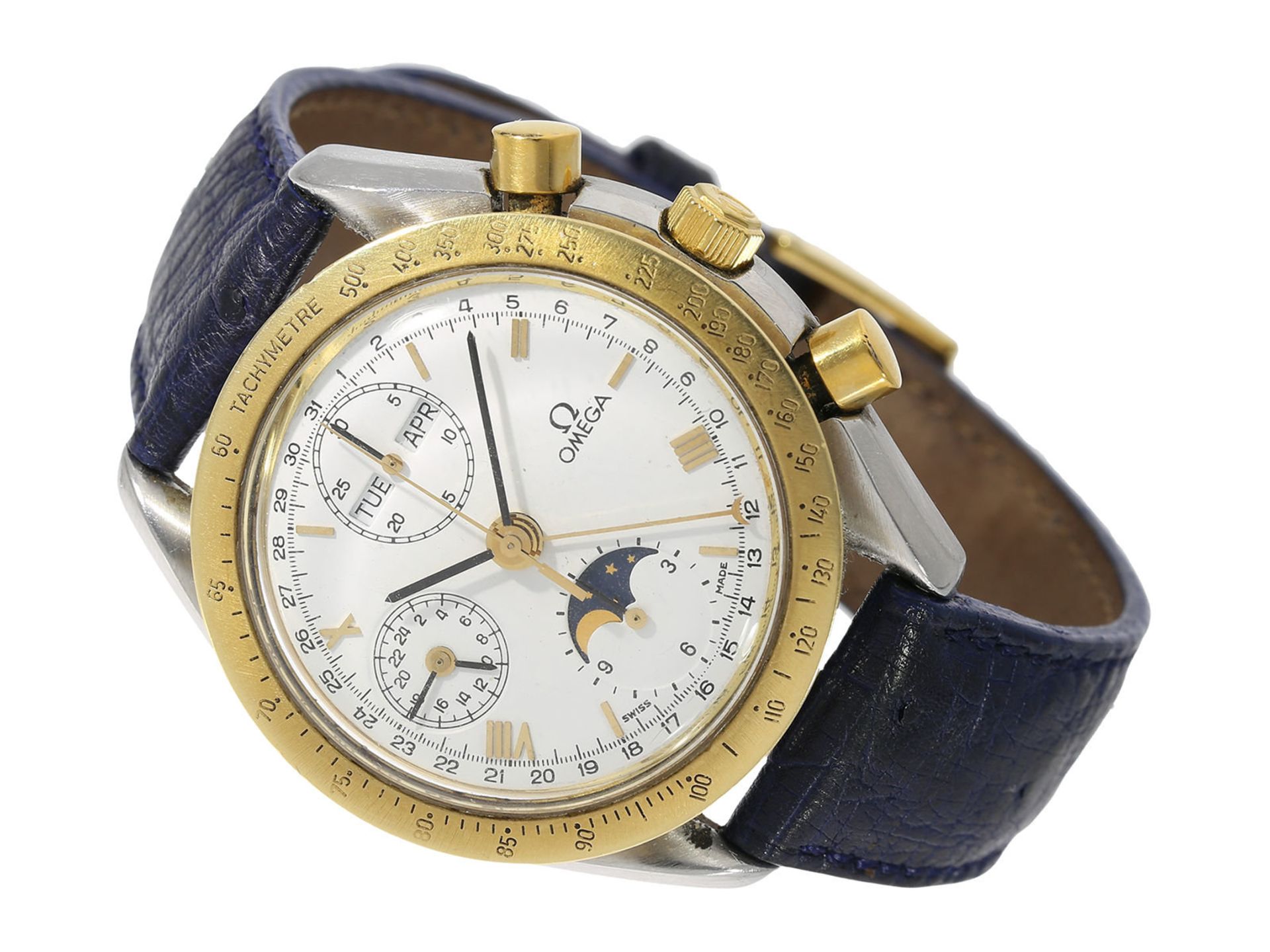 Wristwatch: rare vintage Omega chronograph with triple calendar and moon phase, Omega Speedmaster