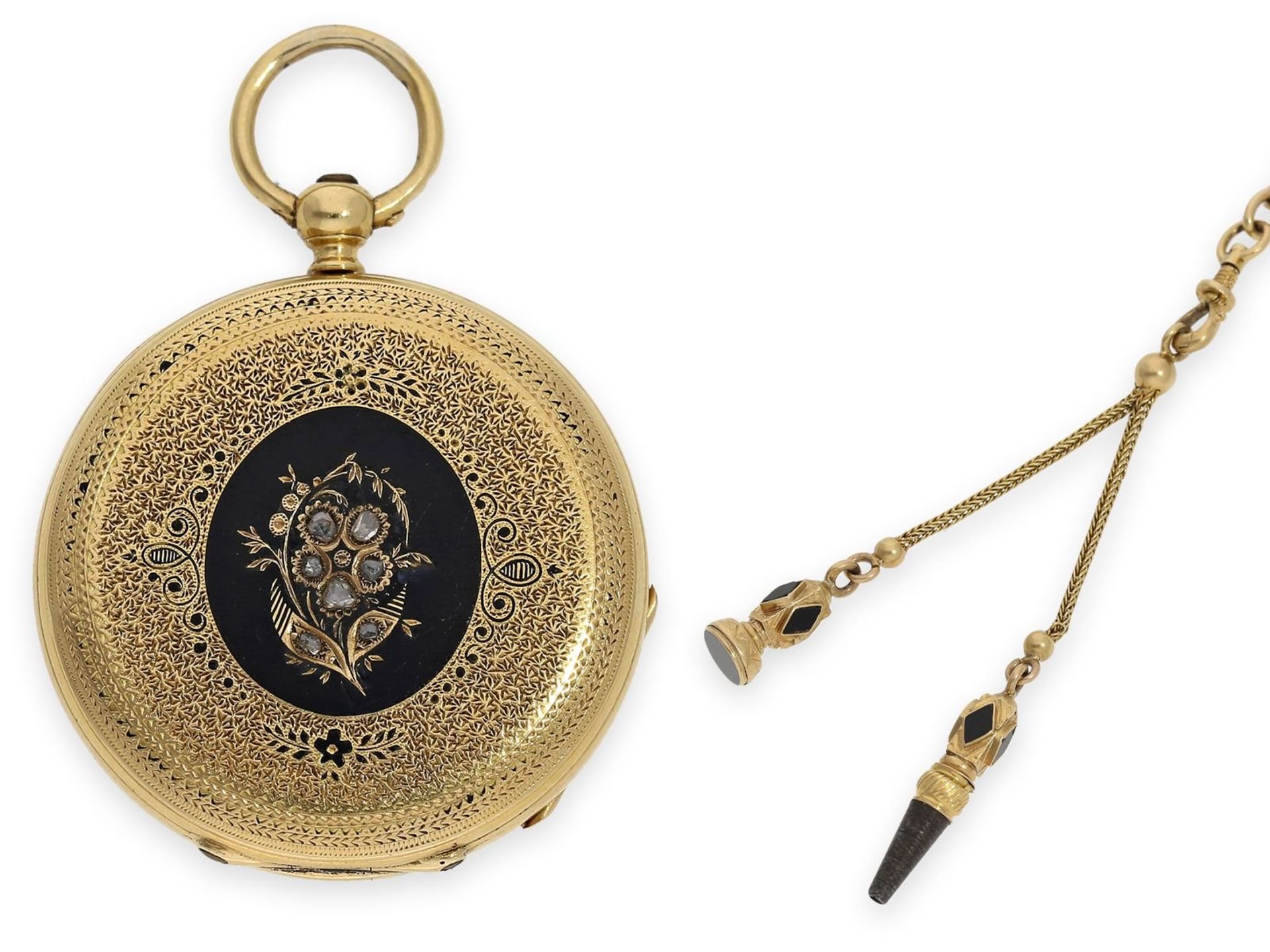 Pocket watch/ pendant watch: fine gold/ enamel lady's Lepine with diamond setting and