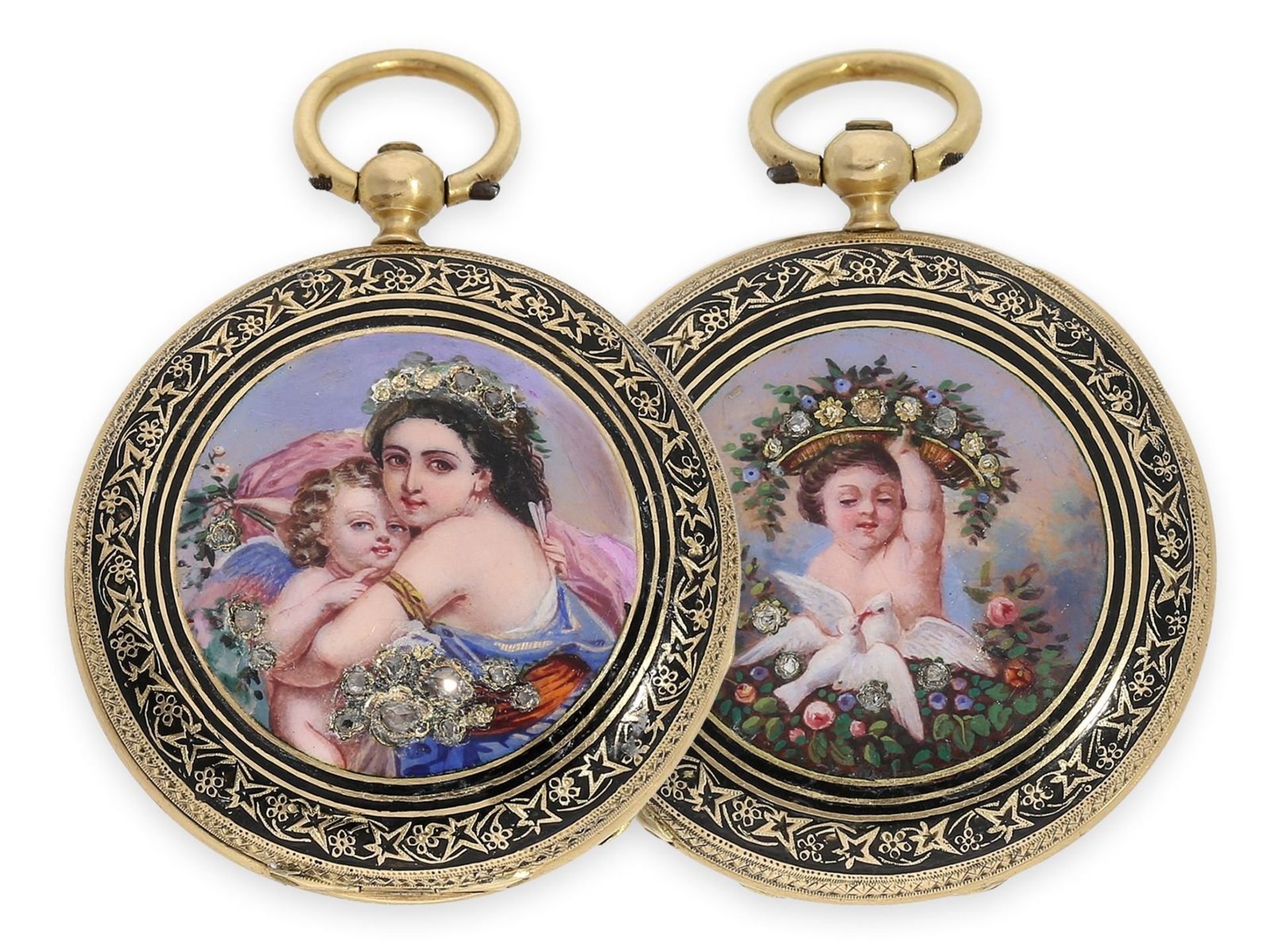 Pocket watch: fine gold/ enamel lady's hunting case watch with enamel painting and diamond