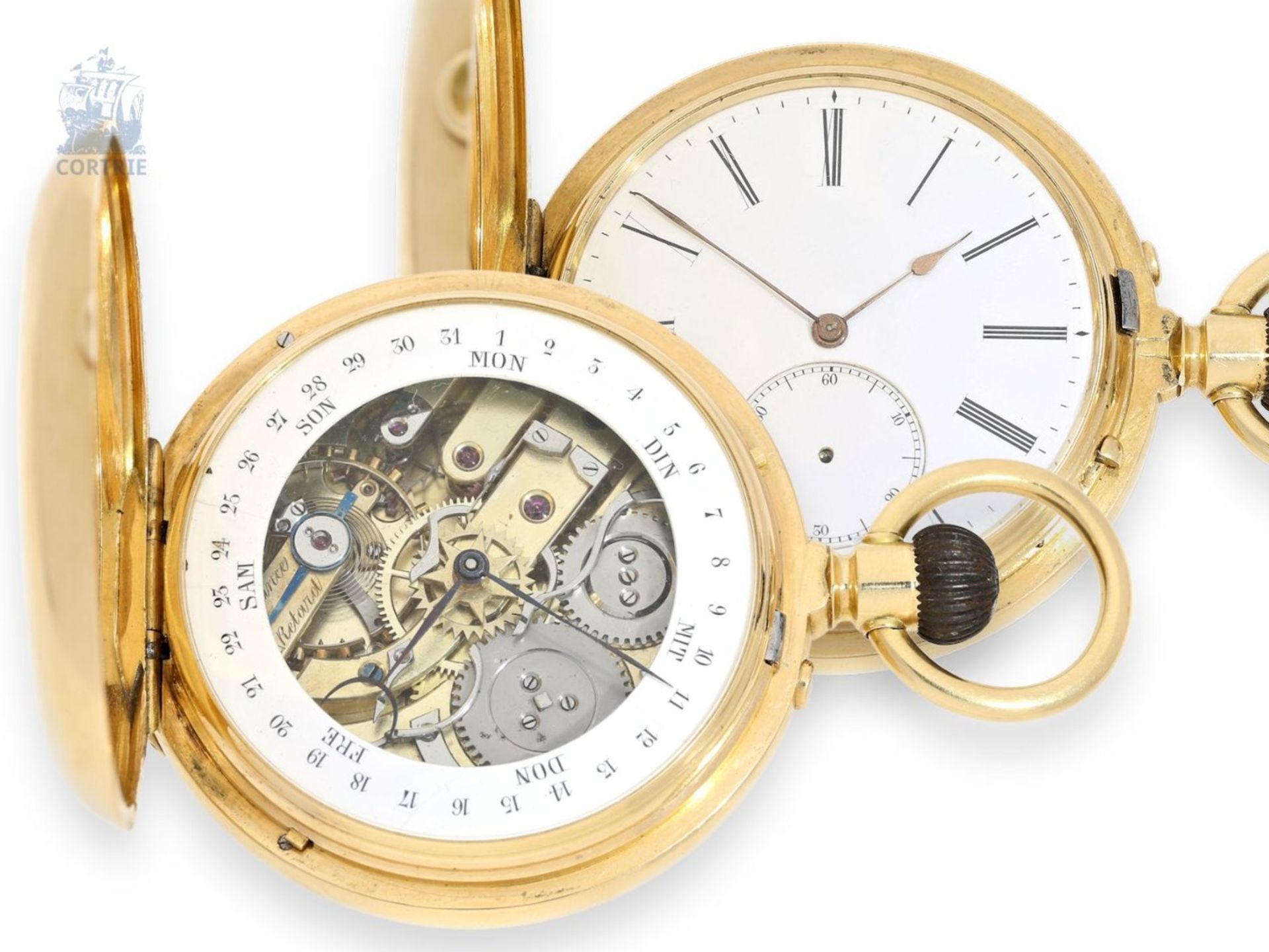 Pocket watch: exceptionally heavy gold hunting case watch with rare calendar, chronometer,