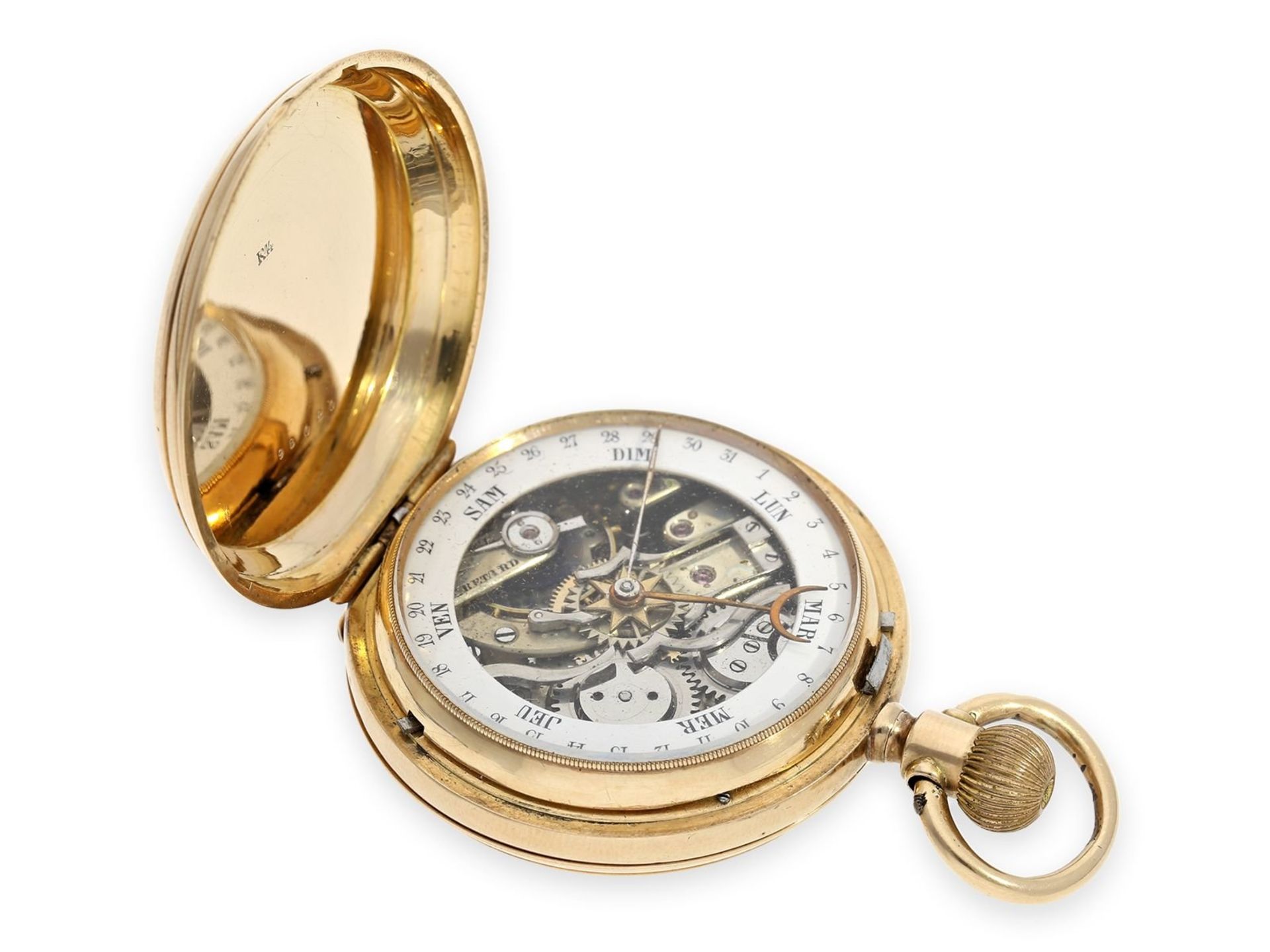 Pocket watch: fine Swiss gold hunting case watch with calendar on the back, ca. 1880 - Bild 4 aus 6