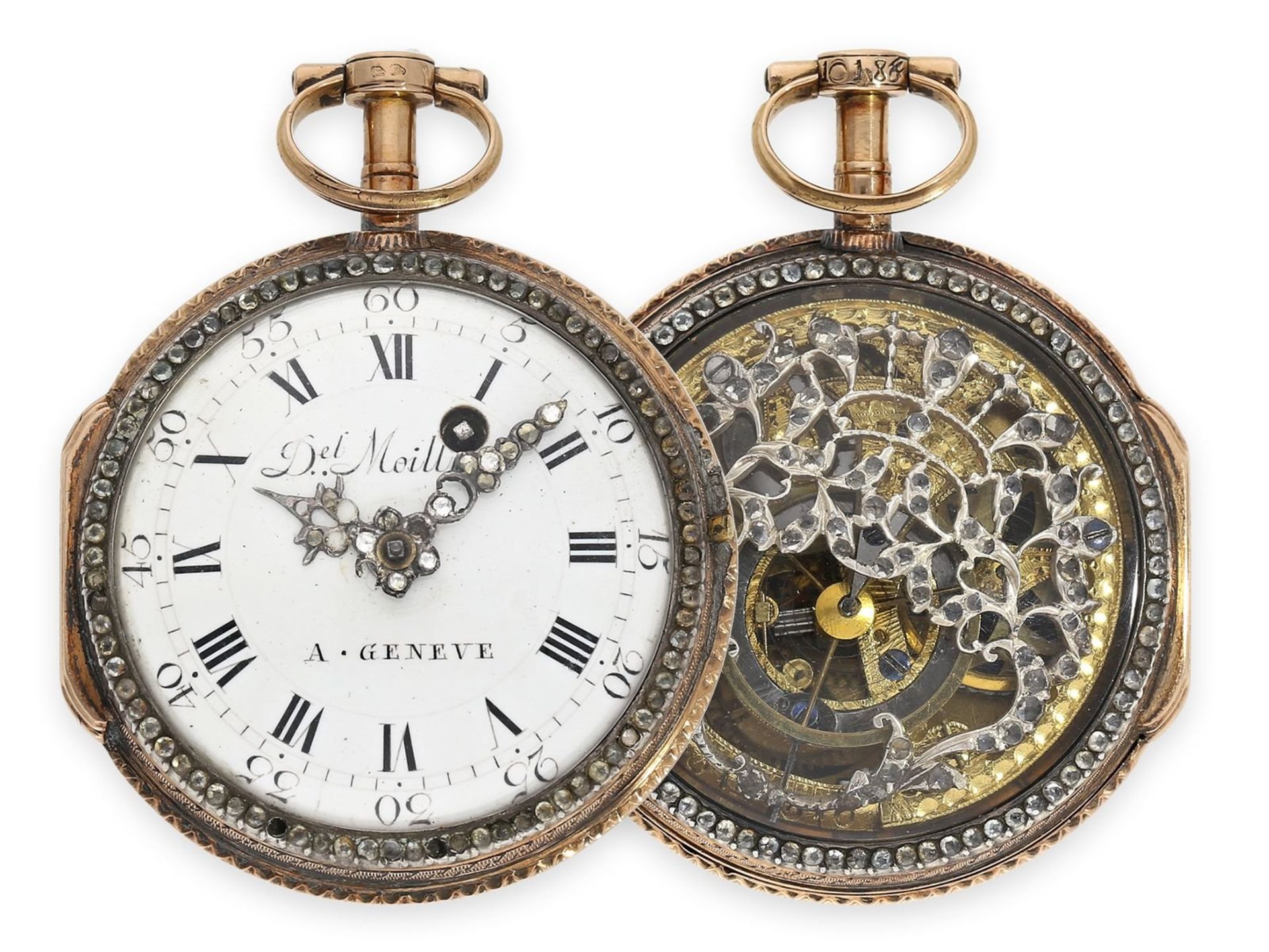 Pocket watch: exquisite 18K verge watch with skeletonized movement and gemstone setting, Geneva