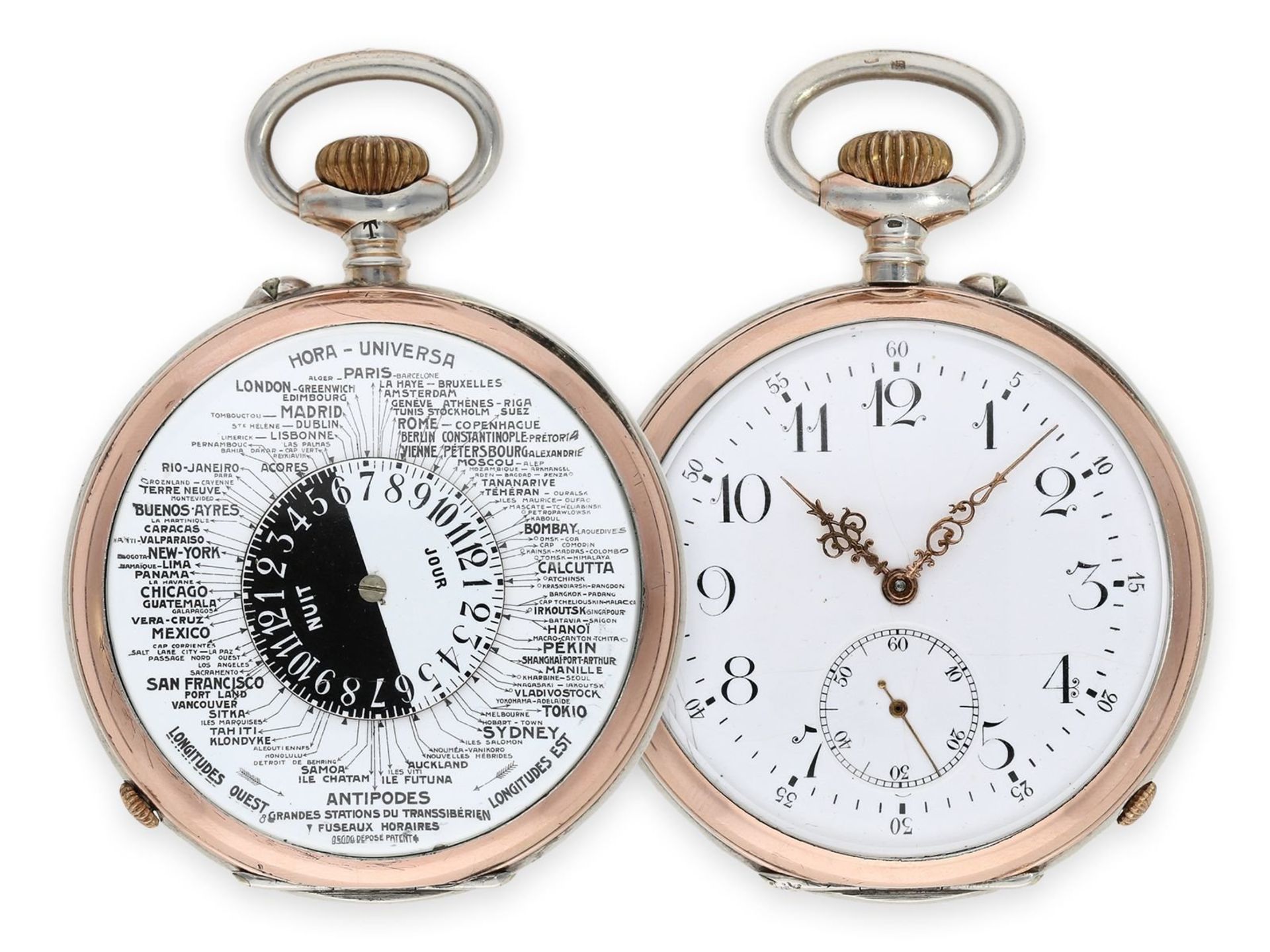 Pocket watch: extremely rare double-sided world time pocket watch with day/ night display, "Hora-