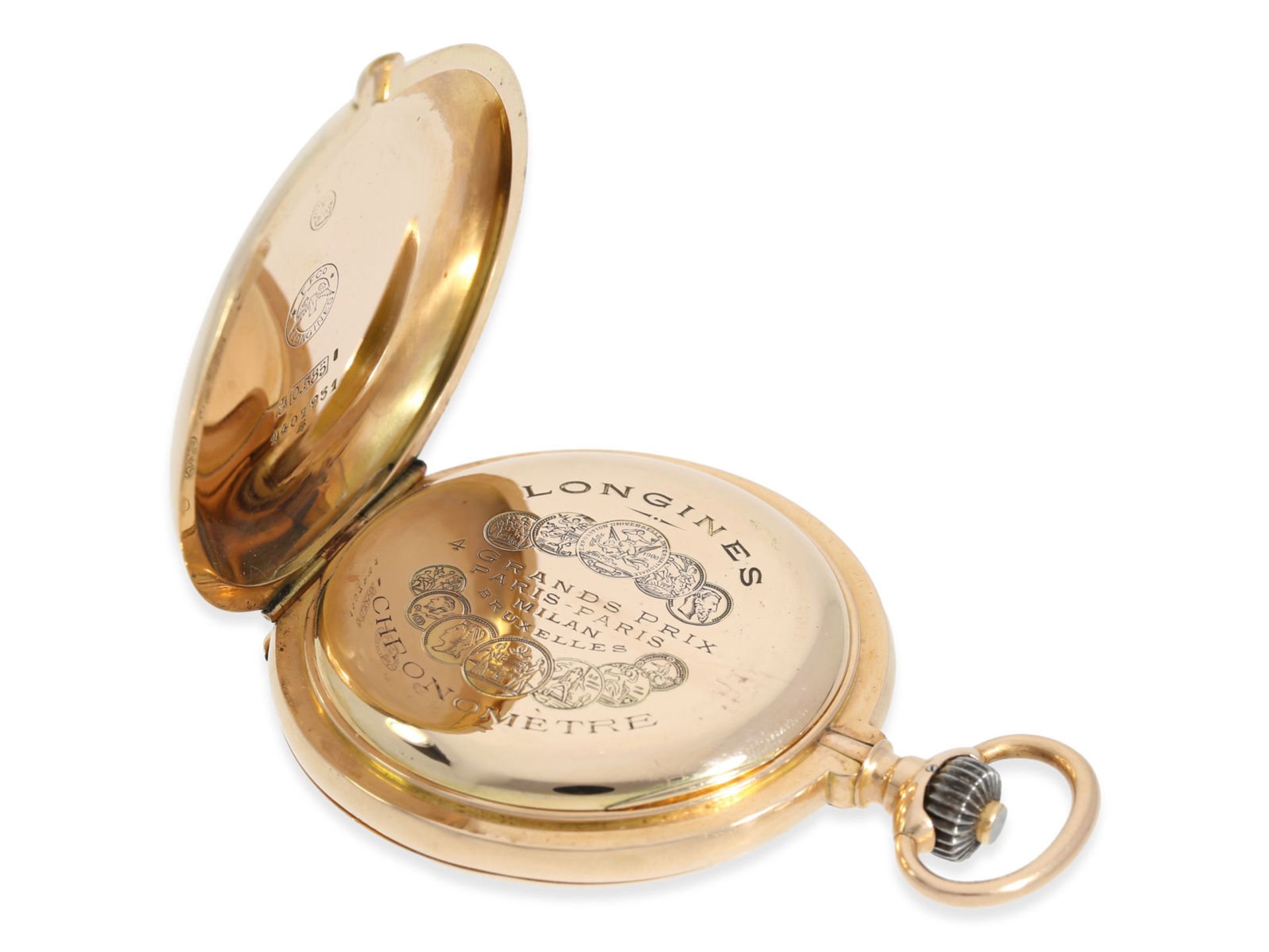 Pocket watch: heavy pink gold hunting case watch, "CHRONOMETRE LONGINES", ca. 1910 - Bild 5 aus 7