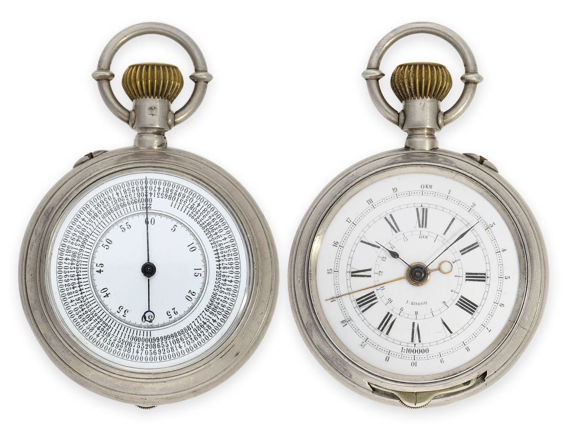 Pocket watch: rarity, double-sided silver military chronograph to determine the distance of