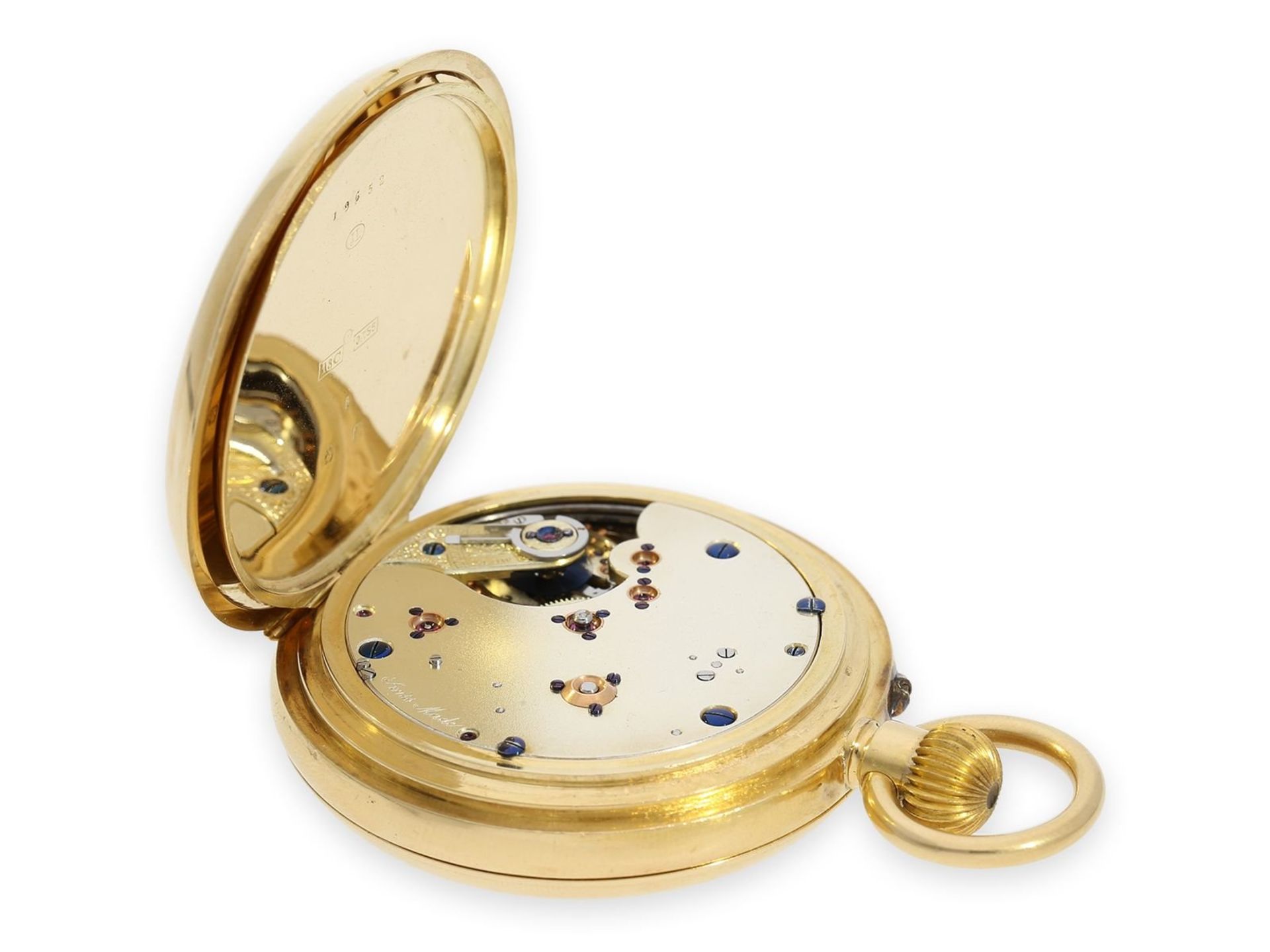 Pocket watch: heavy gold hunting case watch with minute repeater, interesting Swiss movement in - Bild 4 aus 8