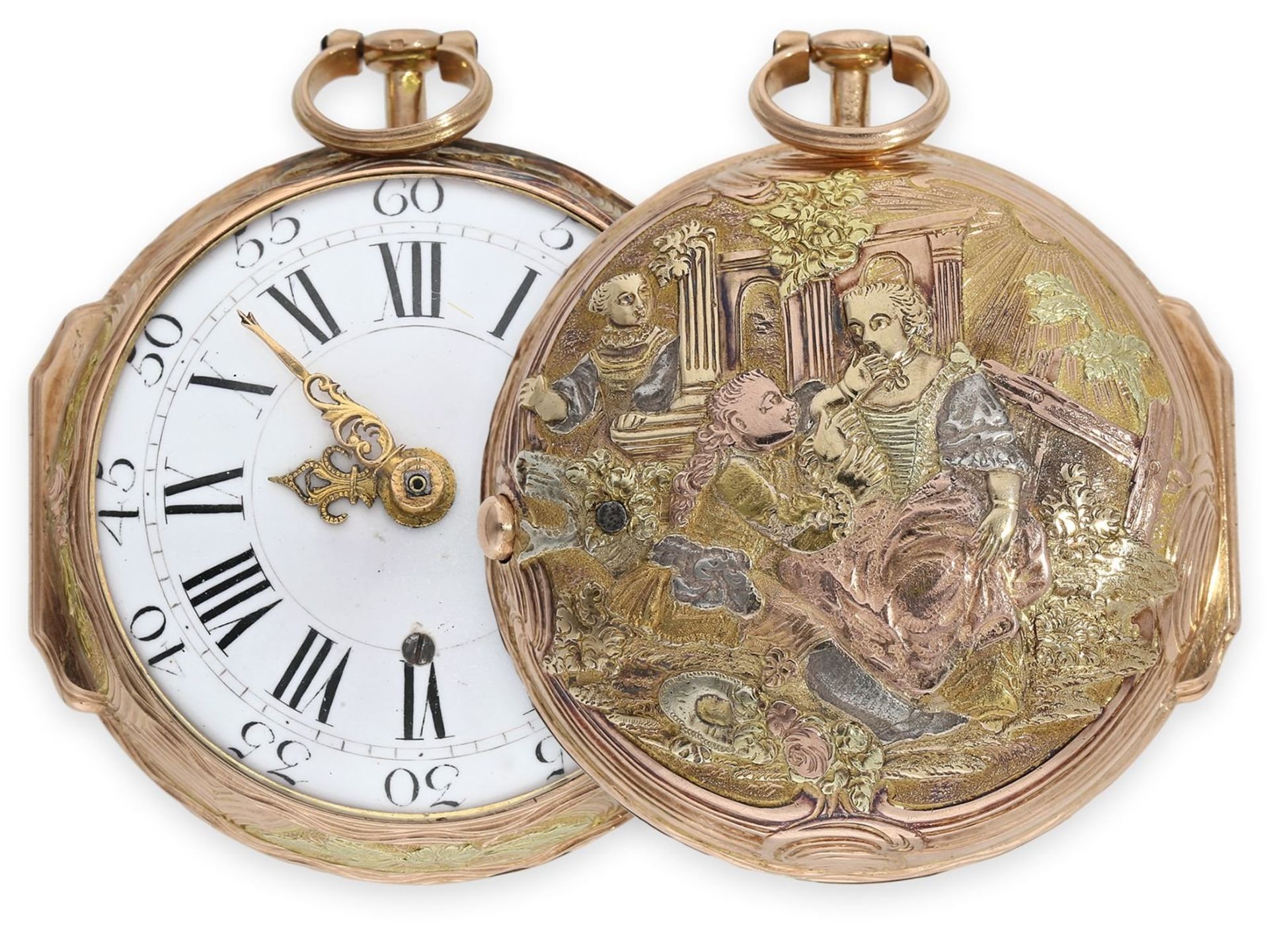 Pocket watch: magnificent German Rococo verge watch with 4-colour gold case and very elaborate and