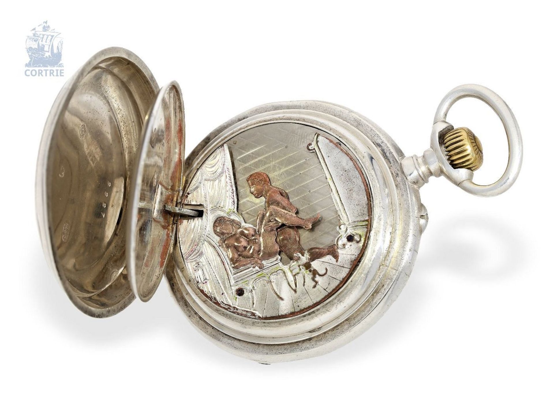 Pocket watch: rare pocket watch with concealed erotic automaton, Switzerland ca. 1890