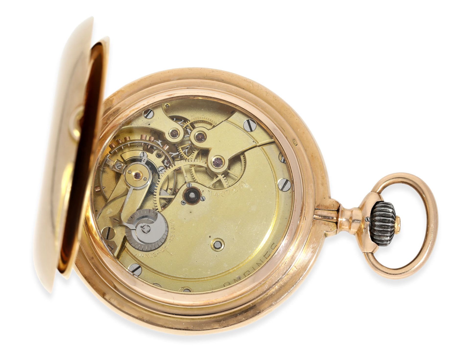 Pocket watch: heavy pink gold hunting case watch, "CHRONOMETRE LONGINES", ca. 1910 - Bild 3 aus 7