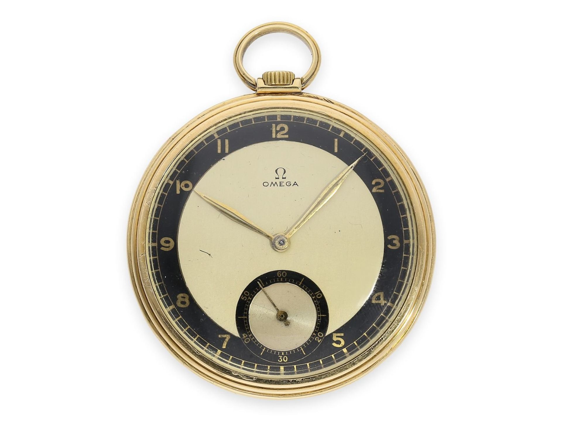 Pocket watch: rare Omega dress watch with 2-coloured dial, Art Deco, 18K gold, ca. 1935