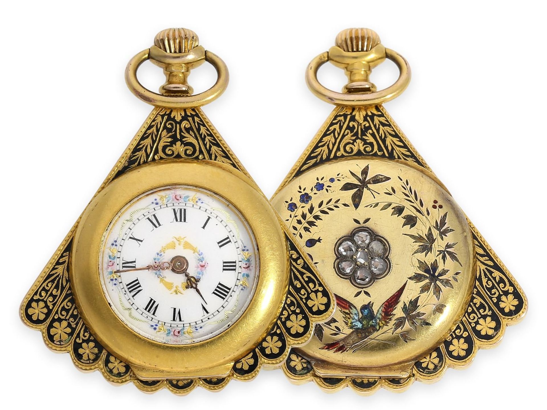 Pendant watch/ form watch: extremely attractive and very rare gold/ enamel form watch with diamond