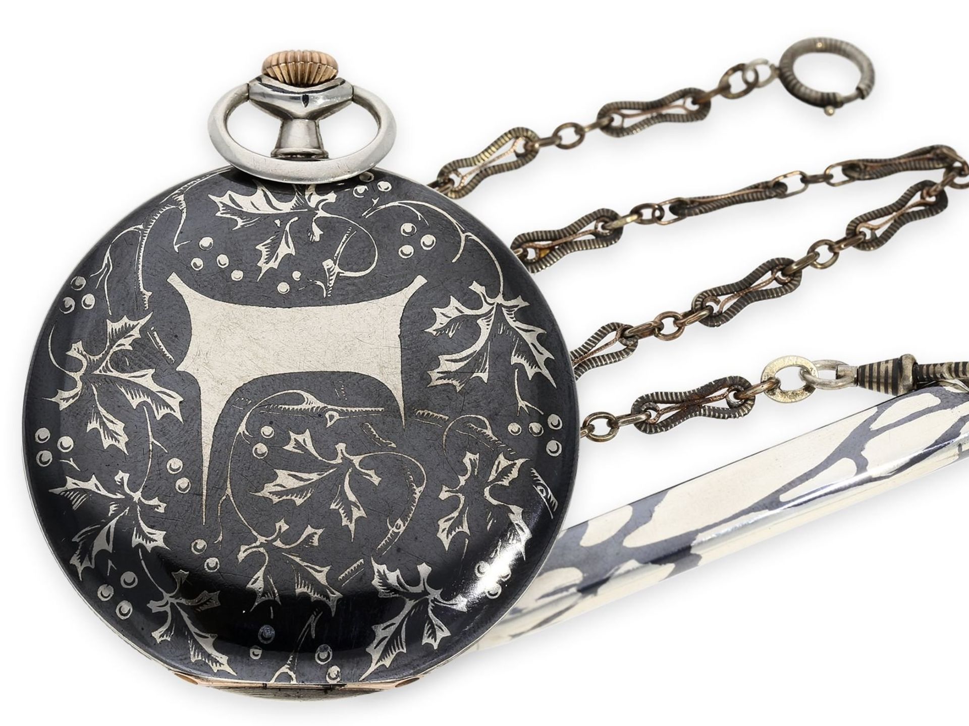 Pocket watch: exquisite Art Nouveau niello man's set, Oscar Fresard Lucerne for Hamilton Calcutta,