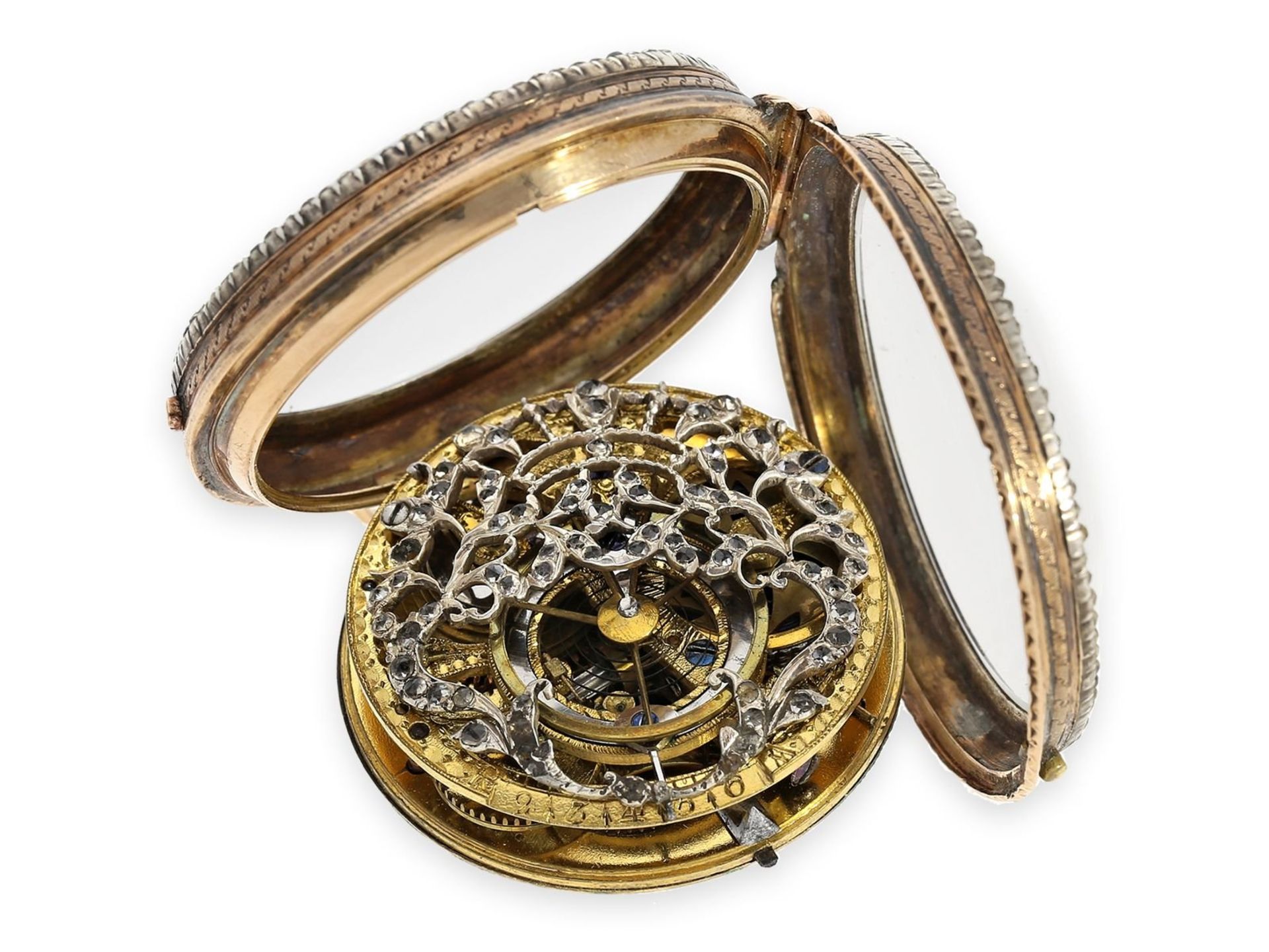 Pocket watch: exquisite 18K verge watch with skeletonized movement and gemstone setting, Geneva - Bild 3 aus 4