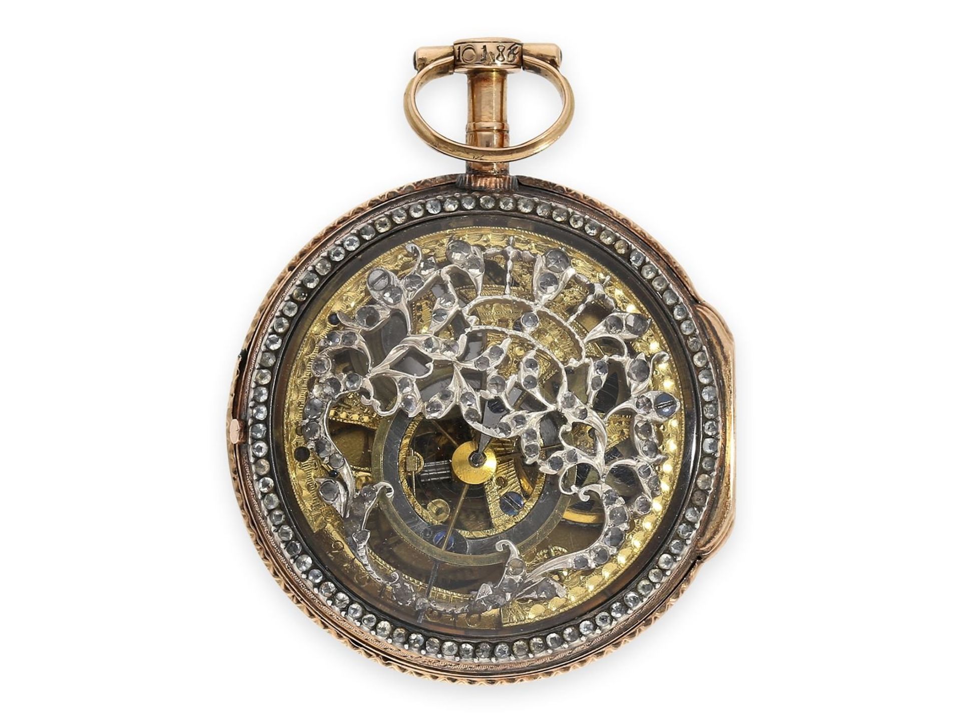 Pocket watch: exquisite 18K verge watch with skeletonized movement and gemstone setting, Geneva - Bild 4 aus 4