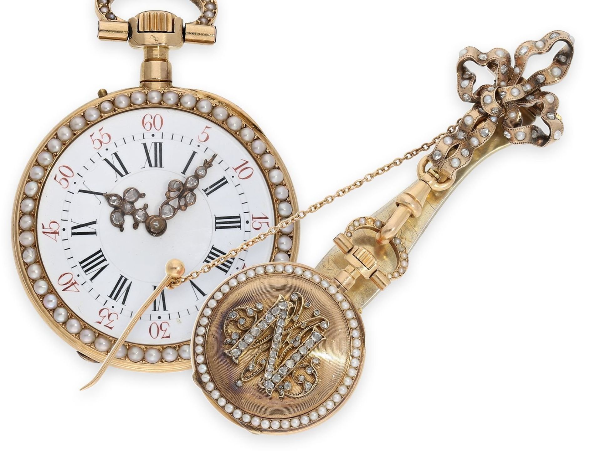 Pocket watch/ pendant watch: exquisite gold Louis XV lady's watch with pearl and diamond setting and