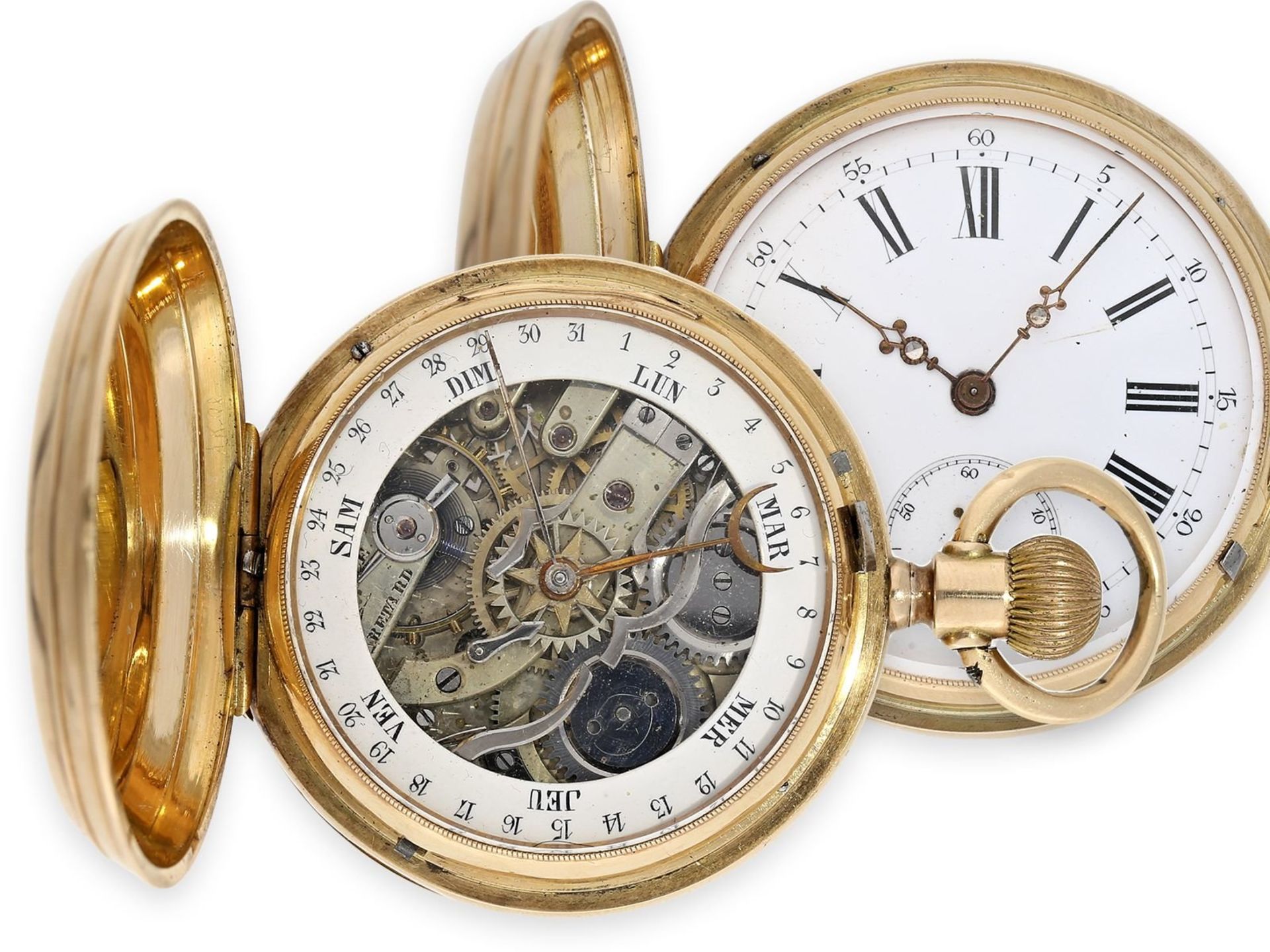 Pocket watch: fine Swiss gold hunting case watch with calendar on the back, ca. 1880