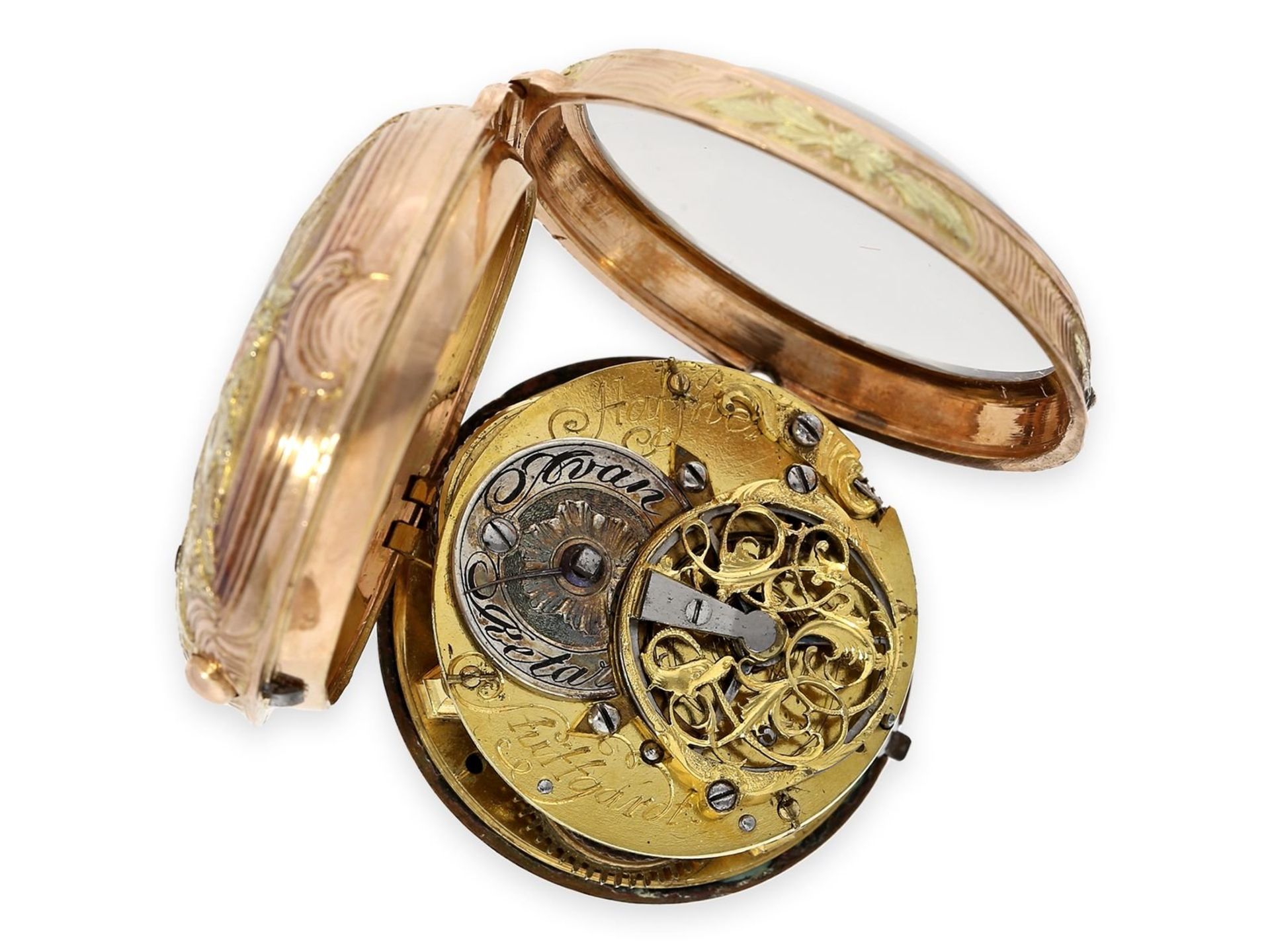 Pocket watch: magnificent German Rococo verge watch with 4-colour gold case and very elaborate and - Bild 3 aus 5