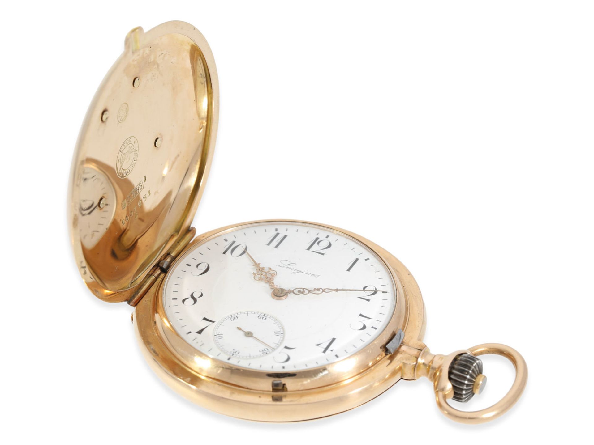 Pocket watch: heavy pink gold hunting case watch, "CHRONOMETRE LONGINES", ca. 1910 - Bild 6 aus 7