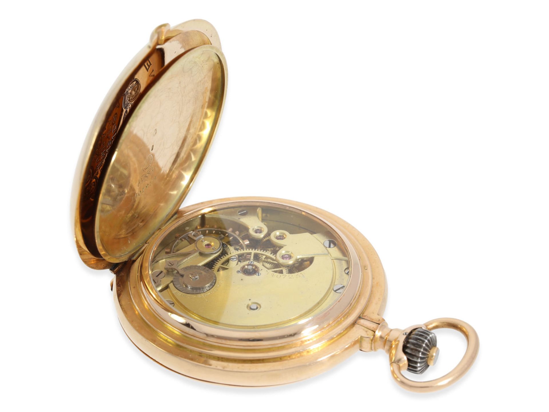 Pocket watch: heavy pink gold hunting case watch, "CHRONOMETRE LONGINES", ca. 1910 - Bild 4 aus 7