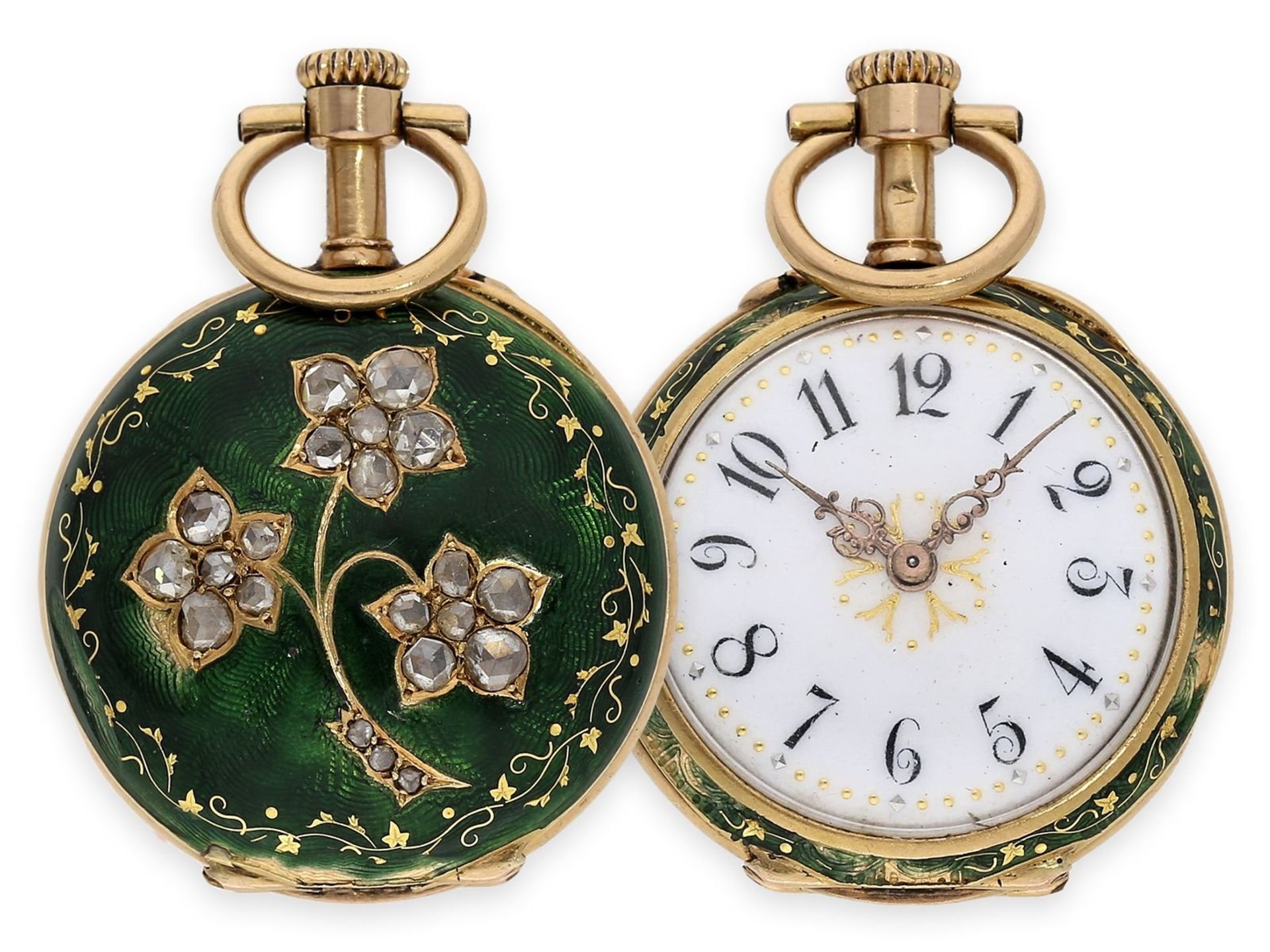 Pendant watch: exquisite gold/ enamel lady's watch with diamond setting, No. 37168, attributed to Le
