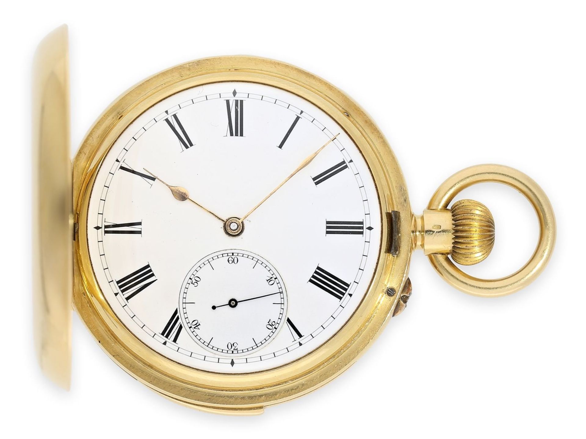 Pocket watch: heavy gold hunting case watch with minute repeater, interesting Swiss movement in