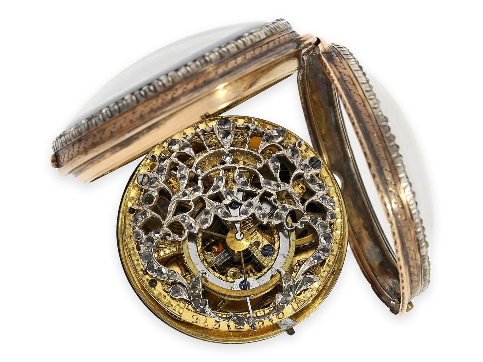 Pocket watch: exquisite 18K verge watch with skeletonized movement and gemstone setting, Geneva - Bild 2 aus 4