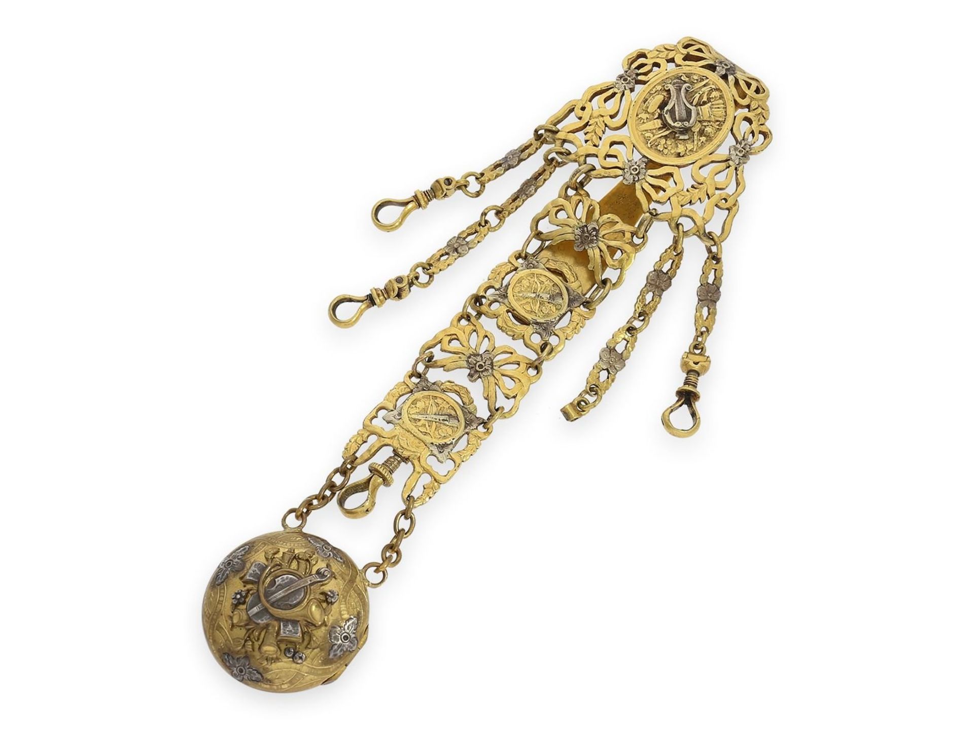 Chatelaine: extraordinary and very elaborate chatelaine for a miniature Lepine of ca. Ø26mm-27mm,