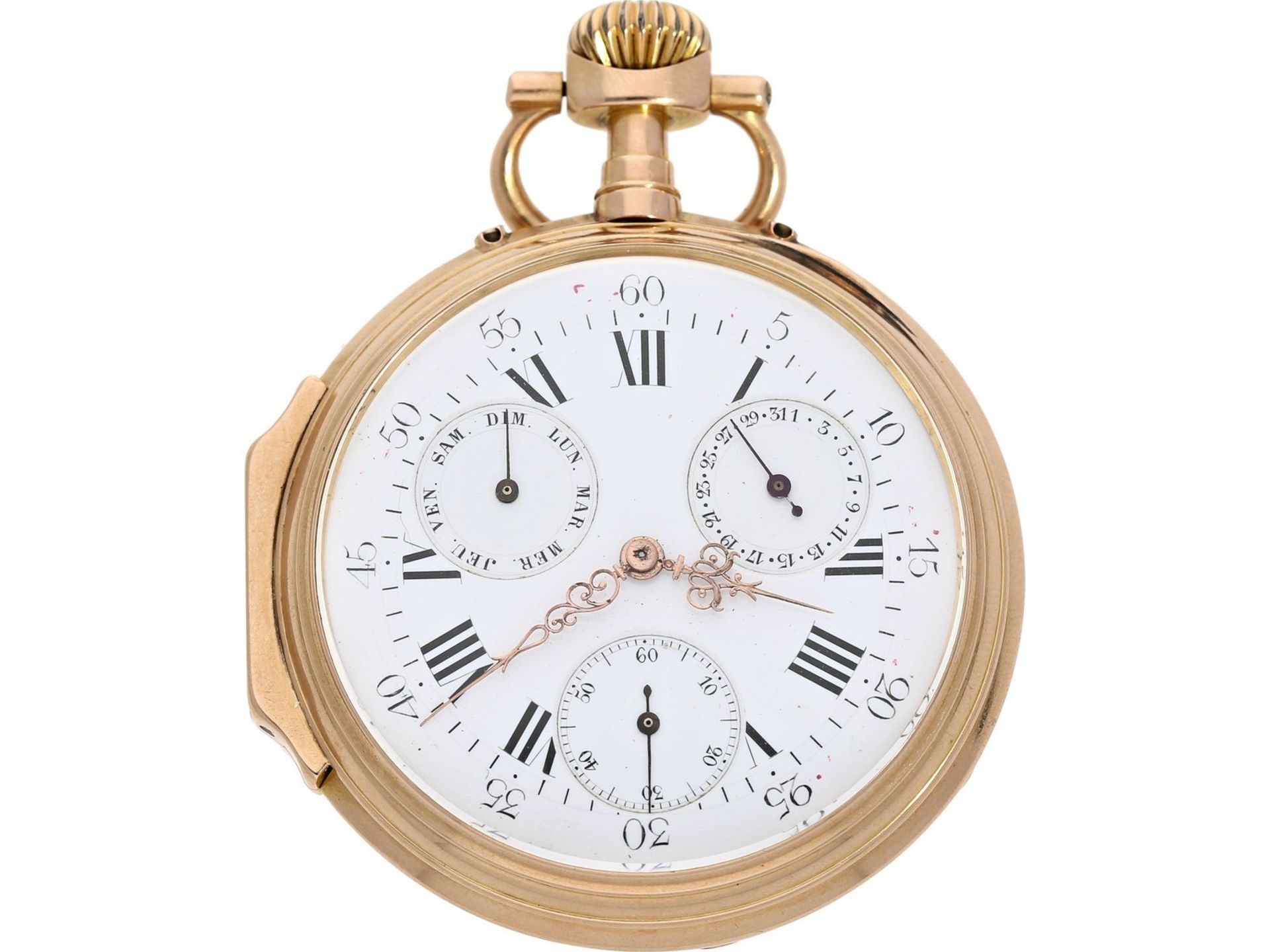 Pocket watch: very beautiful Louis XV Lepine with calendar, 18K pink gold, signed Vuillermos a