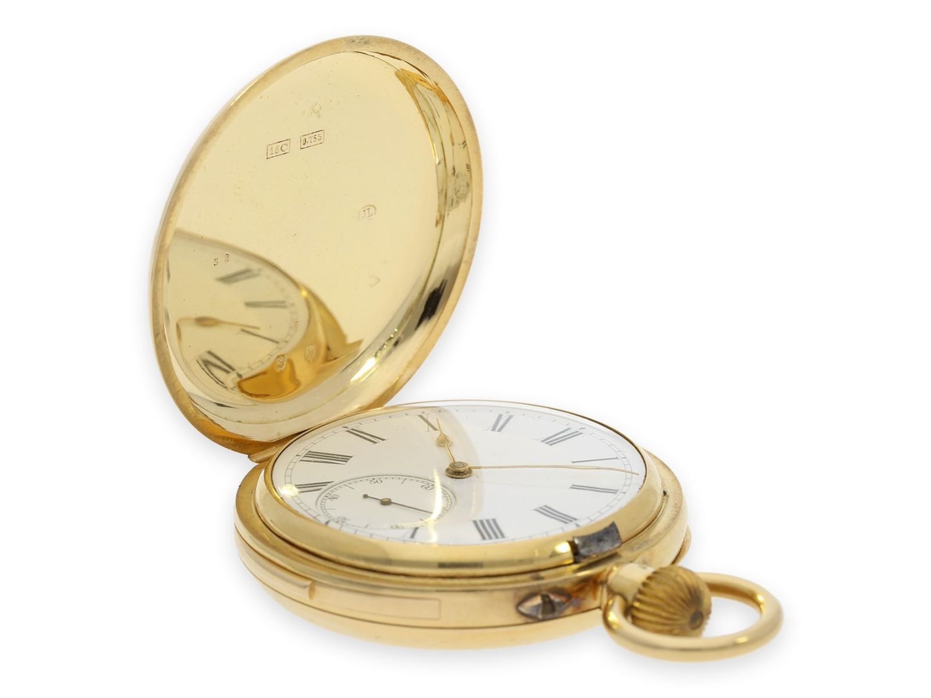 Pocket watch: heavy gold hunting case watch with minute repeater, interesting Swiss movement in - Bild 2 aus 8