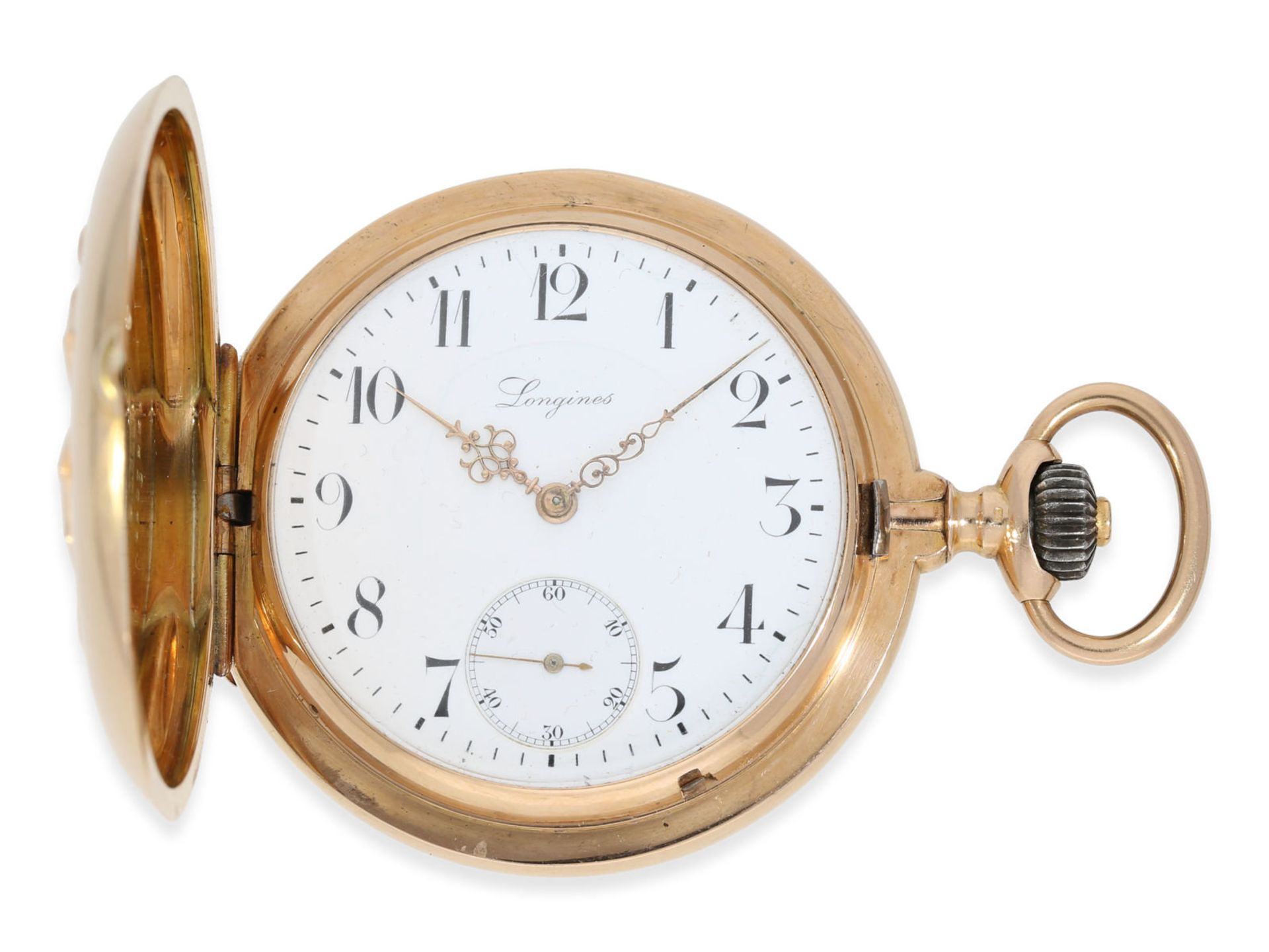 Pocket watch: heavy pink gold hunting case watch, "CHRONOMETRE LONGINES", ca. 1910