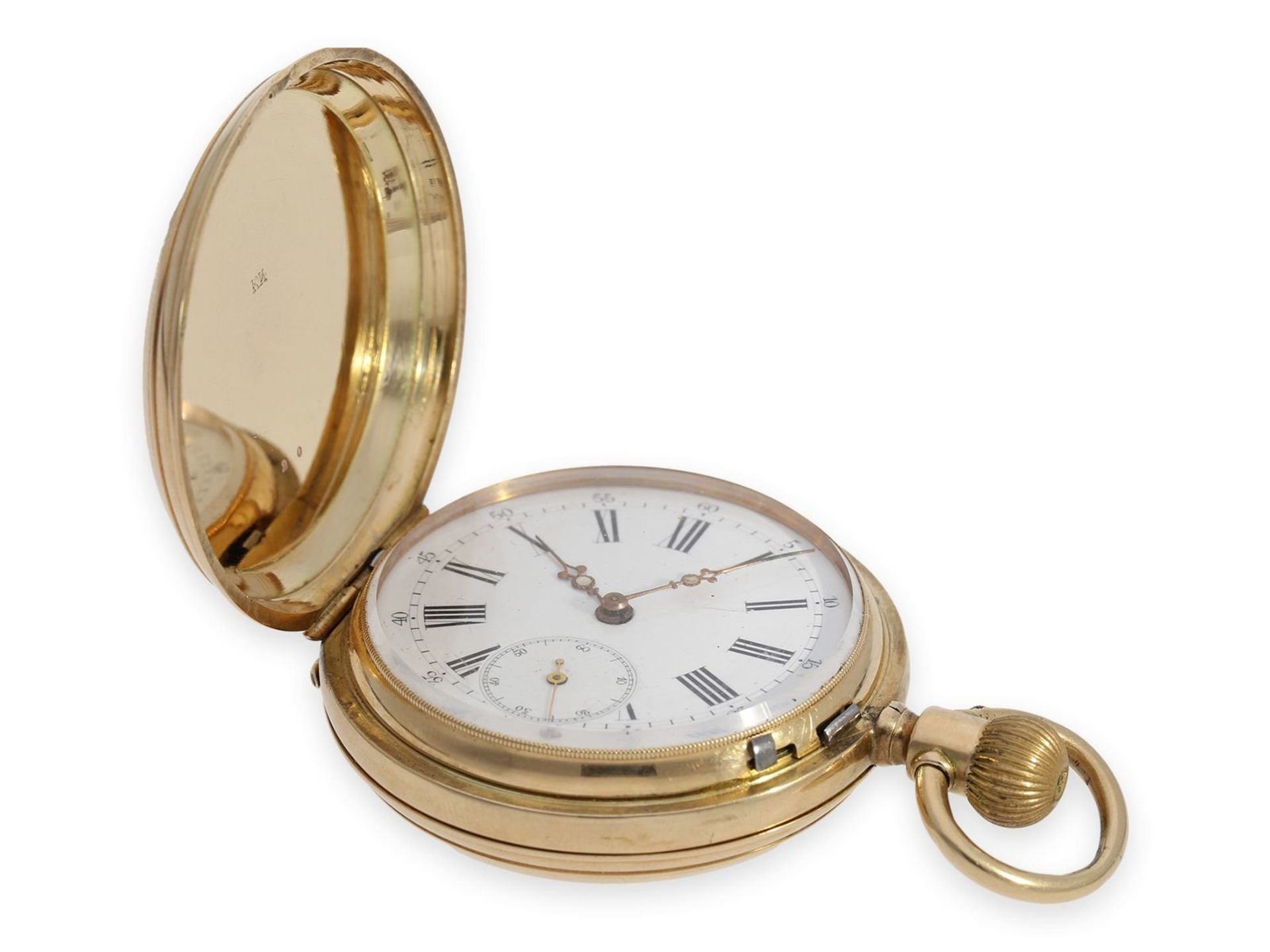 Pocket watch: fine Swiss gold hunting case watch with calendar on the back, ca. 1880 - Bild 3 aus 6