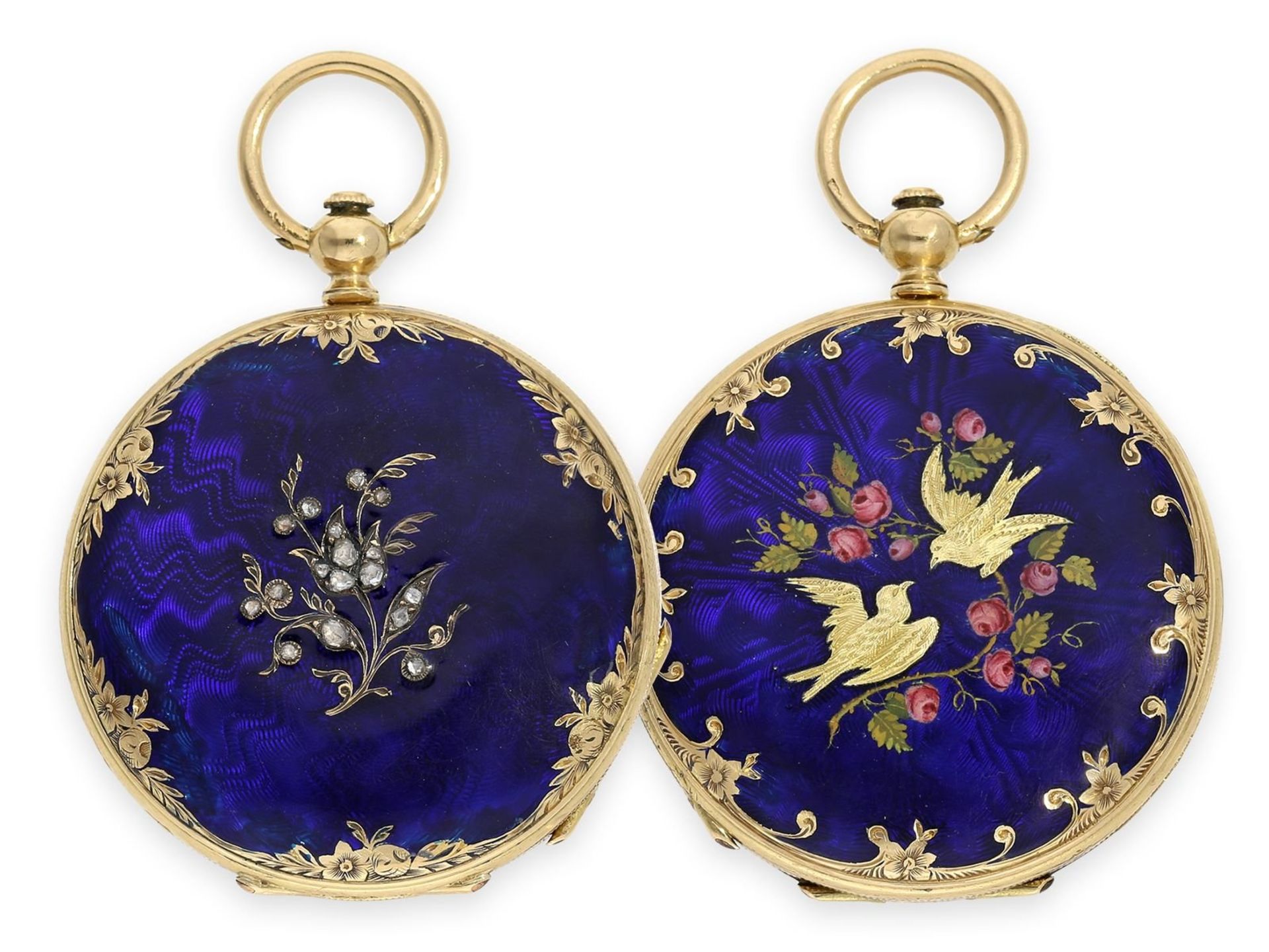 Pocket watch: beautiful gold/ enamel hunting case watch in the style of the early watches by Patek &