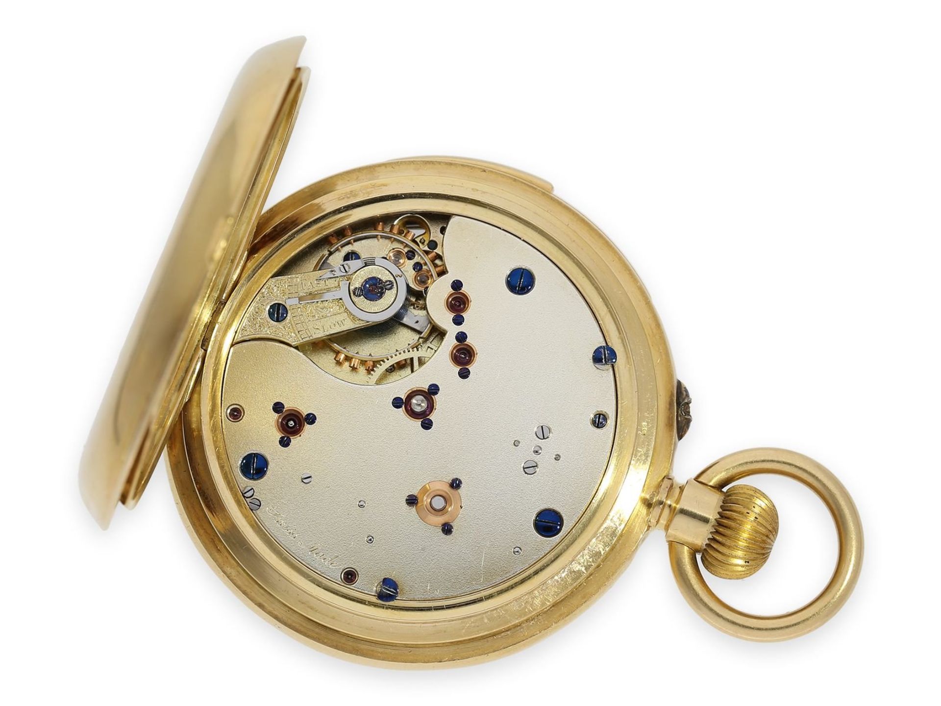 Pocket watch: heavy gold hunting case watch with minute repeater, interesting Swiss movement in - Bild 3 aus 8