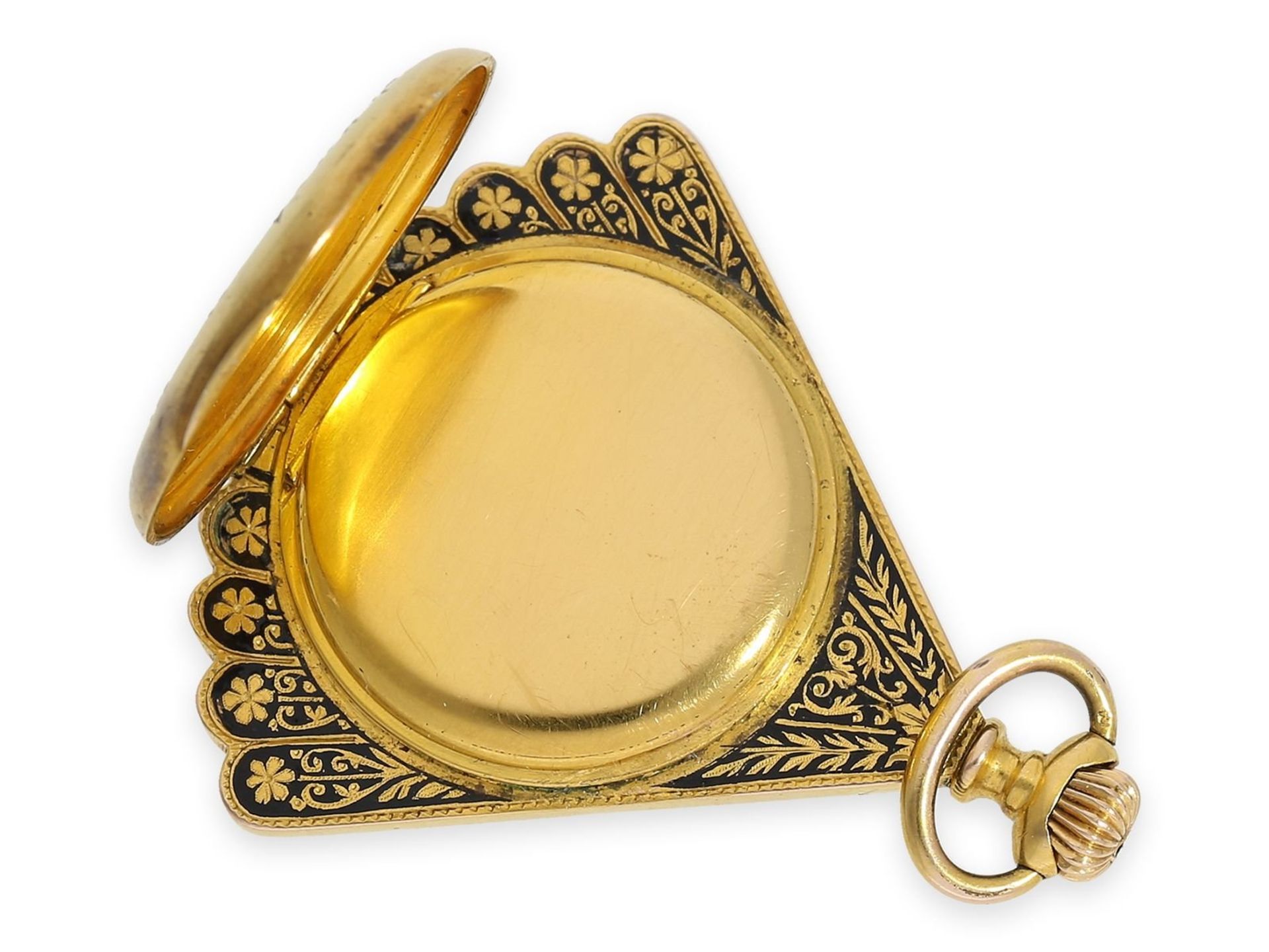 Pendant watch/ form watch: extremely attractive and very rare gold/ enamel form watch with diamond - Bild 4 aus 6