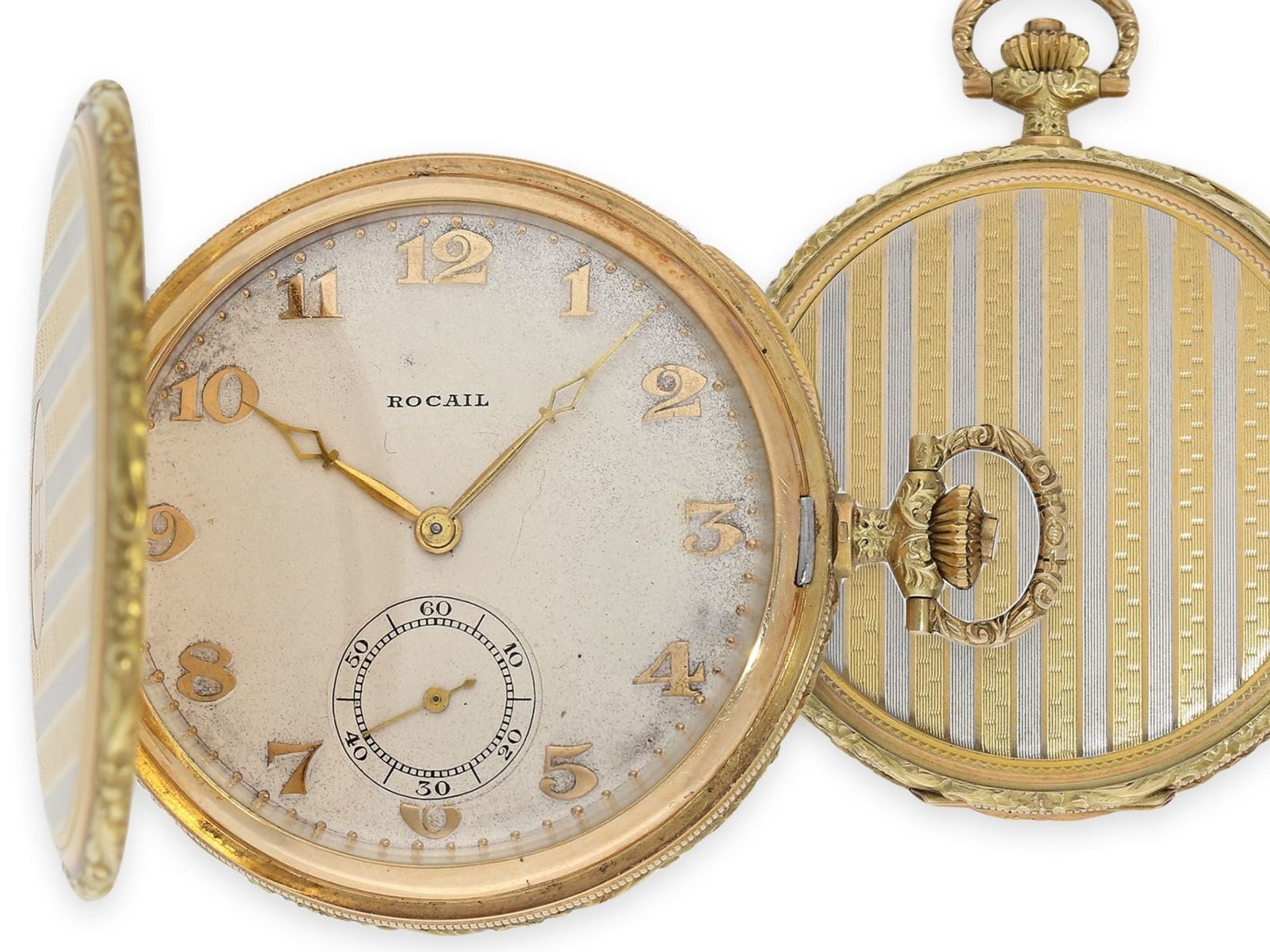 Pocket watch: exquisite, extremely beautiful Art Deco gold hunting case watch with pinstripe