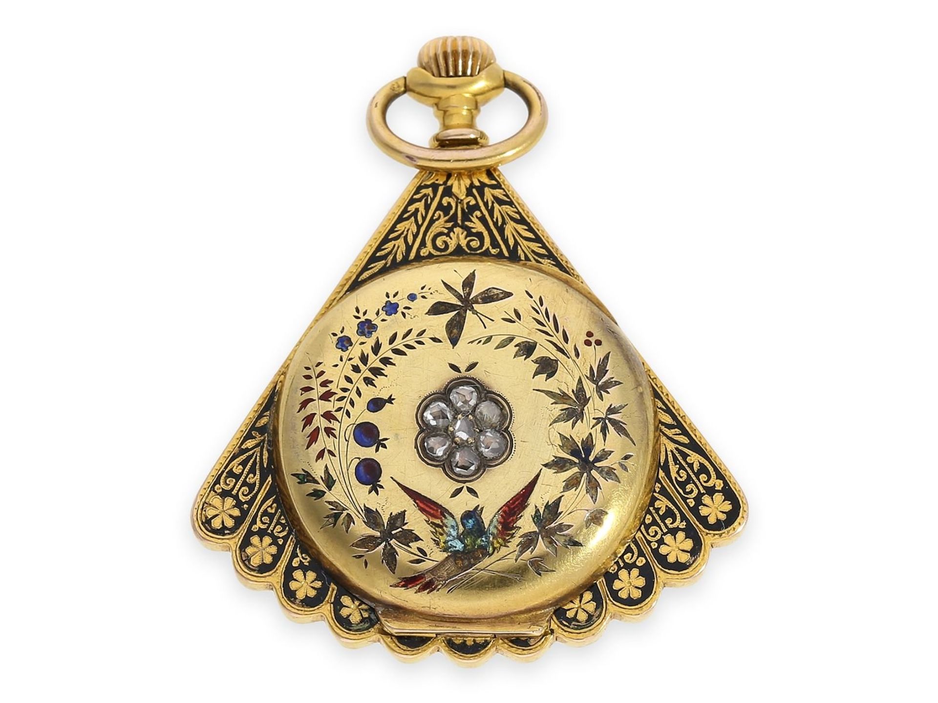 Pendant watch/ form watch: extremely attractive and very rare gold/ enamel form watch with diamond - Bild 6 aus 6