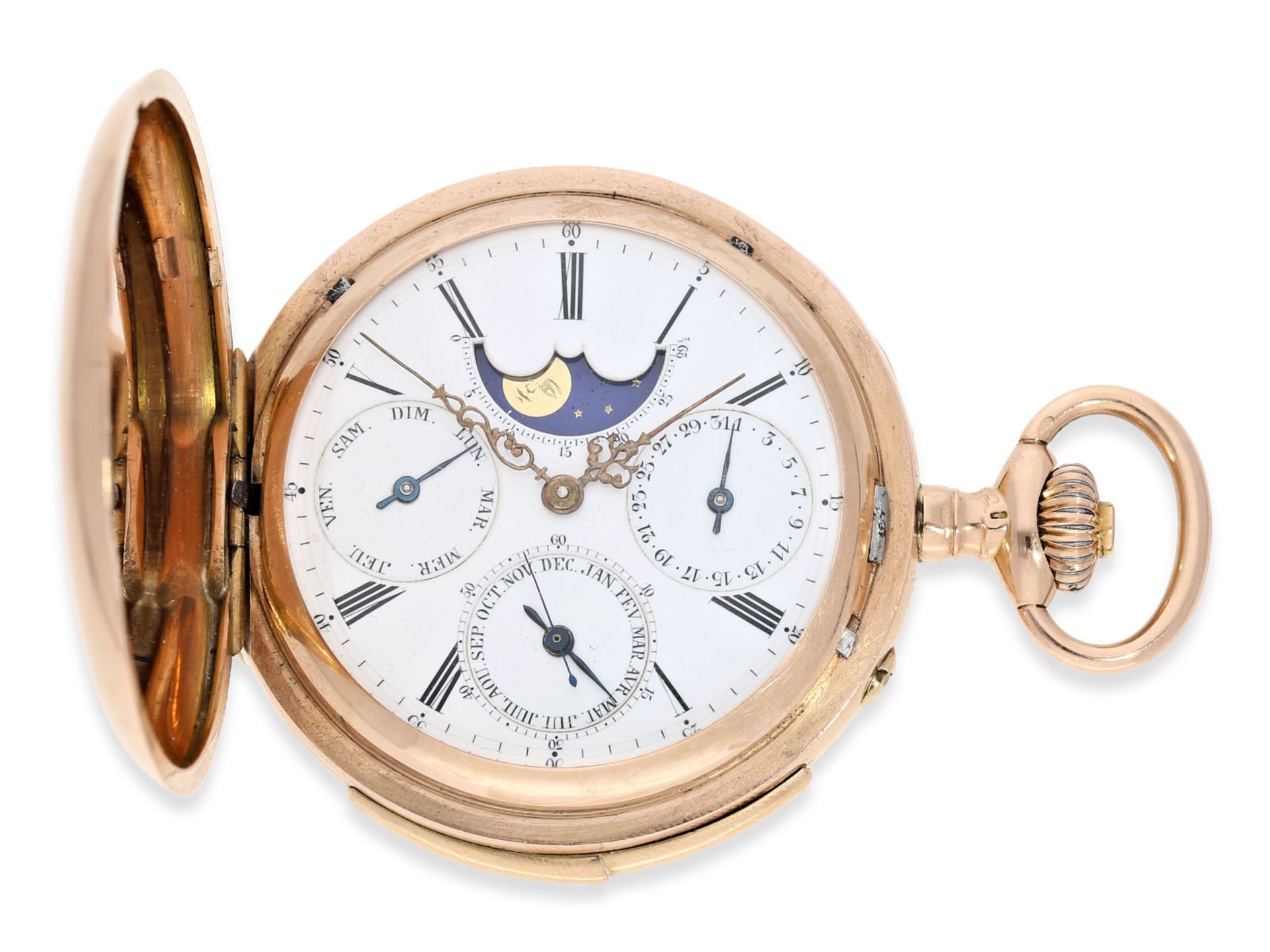 Pocket watch: rarity, very early pink gold hunting case watch with perpetual calendar and minute