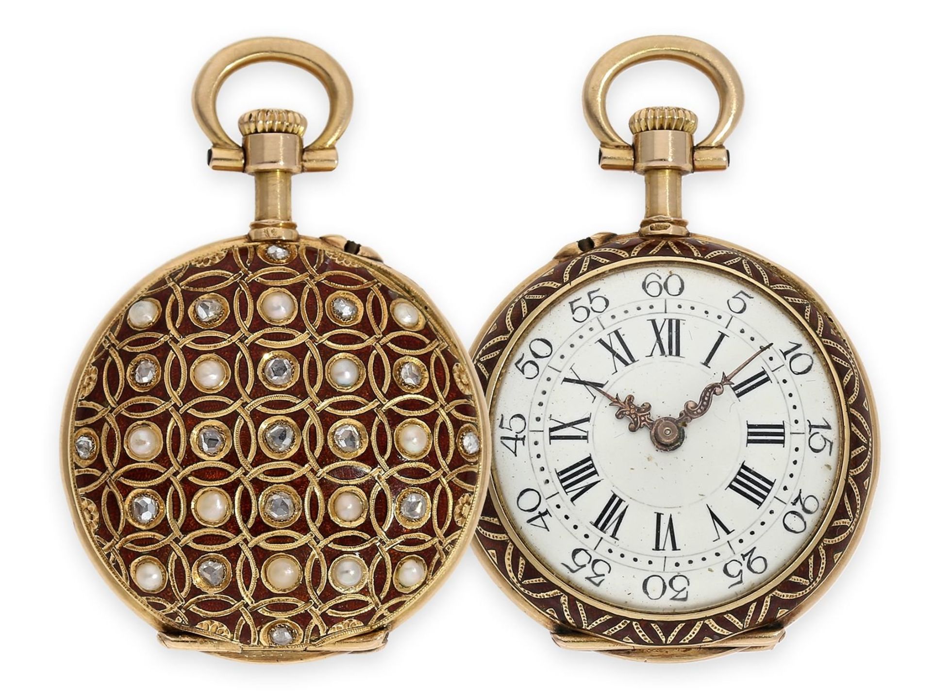 Pocket watch: ultra-fine Louis XV lady's' Lepine with gold/ enamel case, set with diamonds and