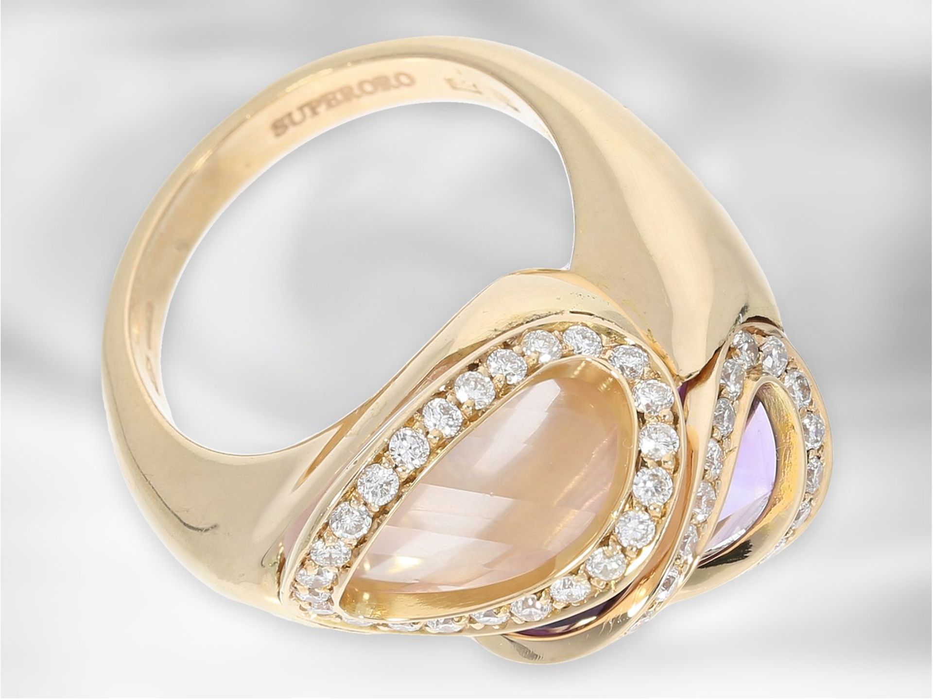 Ring: interessanter Roségoldring mit Amethyst, Rosenquarz und Brillanten, im ungewöhnlichen - Bild 4 aus 4