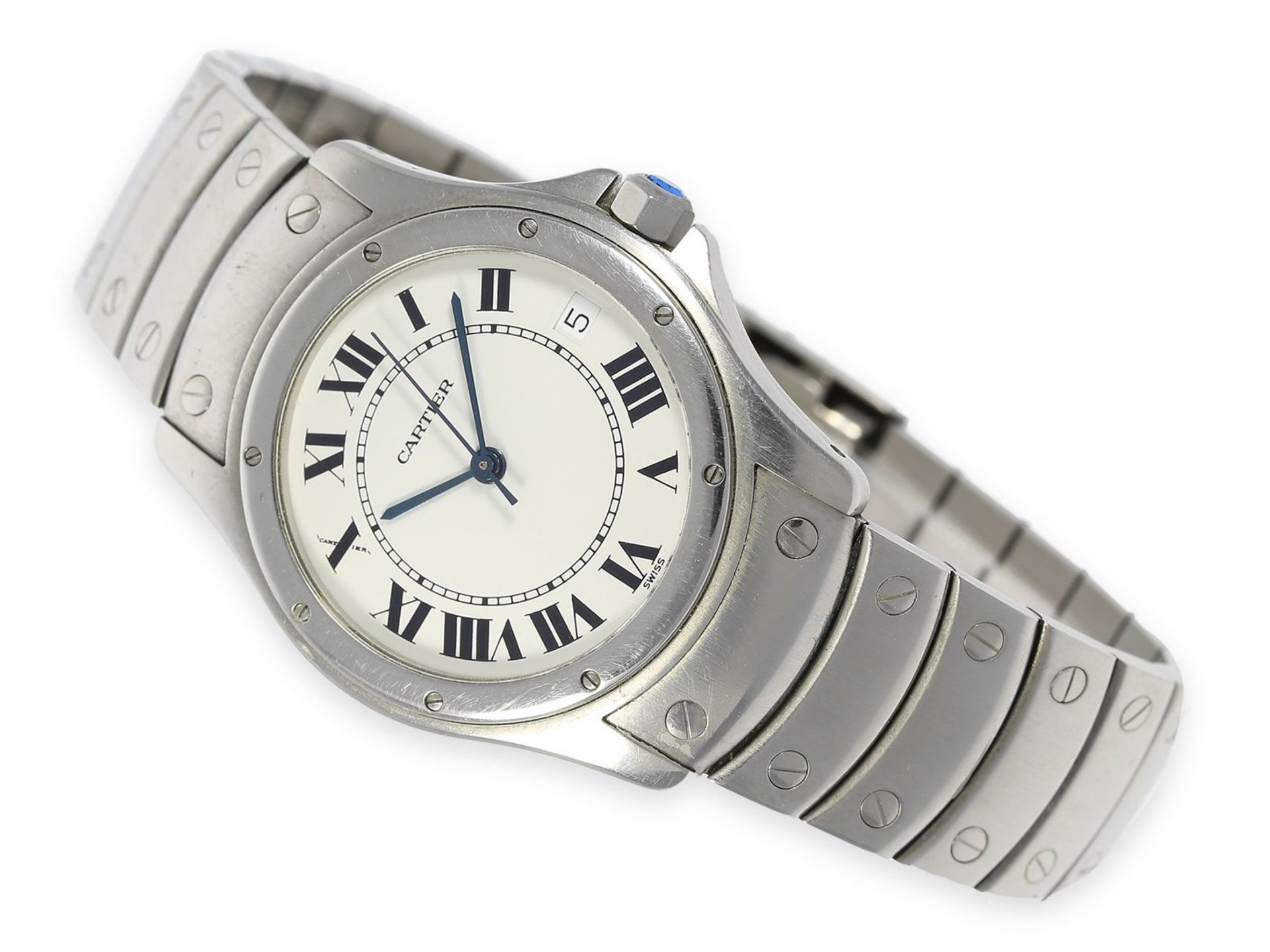 Armbanduhr: luxuriöse und gesuchte Cartier Herrenuhr, Cartier Santos Ronde Automatic, Ref.1920-1, - Bild 3 aus 4