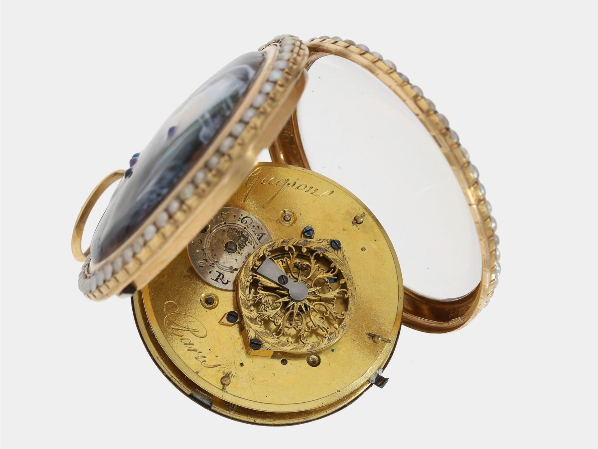 Taschenuhr: goldene Spindeluhr mit Perlenbesatz und Emaille-Malerei, bedeutender Uhrmacher, - Bild 3 aus 3