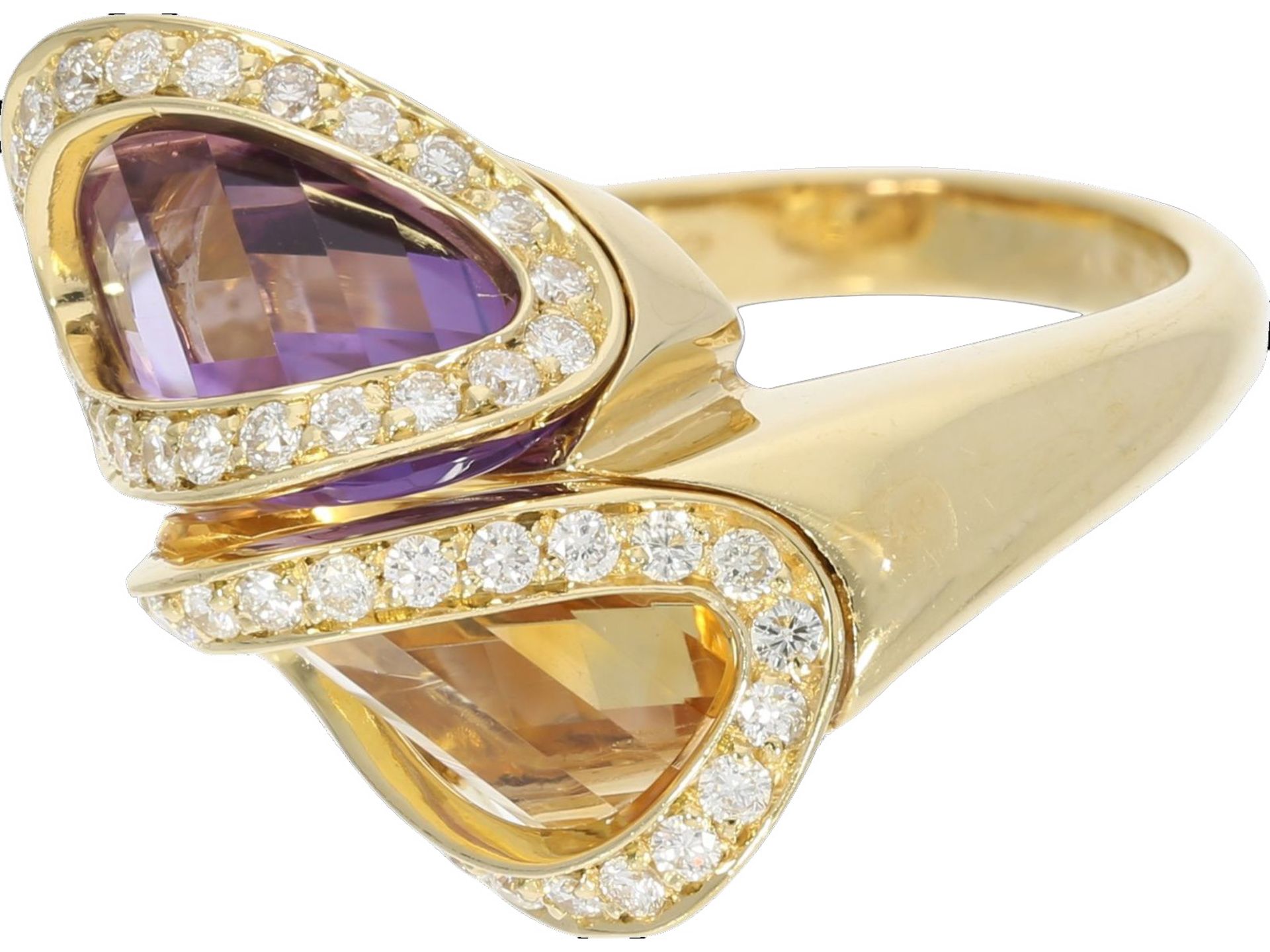 Ring: dekorativer italienischer Citrin/Amethystring mit Brillanten, 18K Gelbgold, Marke - Bild 2 aus 2