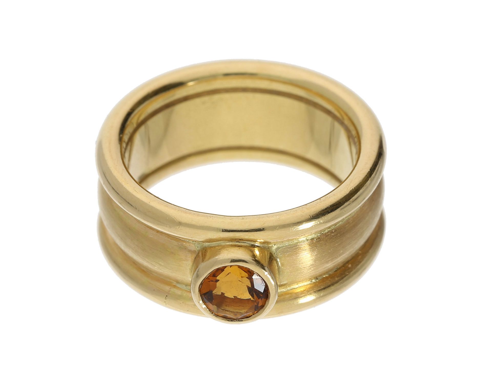 Ring: breiter und solide gefertigter Goldschmiedering mit Citrin, 18K Gold