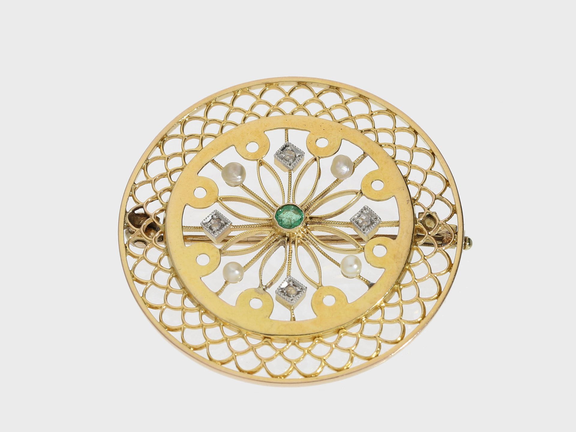 Brosche/Nadel: ausgesprochen schöne antike Brosche, besetzt mit Smaragd und Diamanten, vermutlich