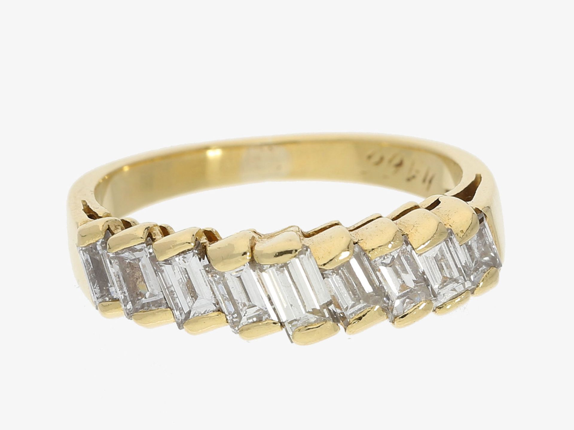 Ring: ausgefallen gefertigter Diamant-Goldschmiedering, Baguette-Besatz