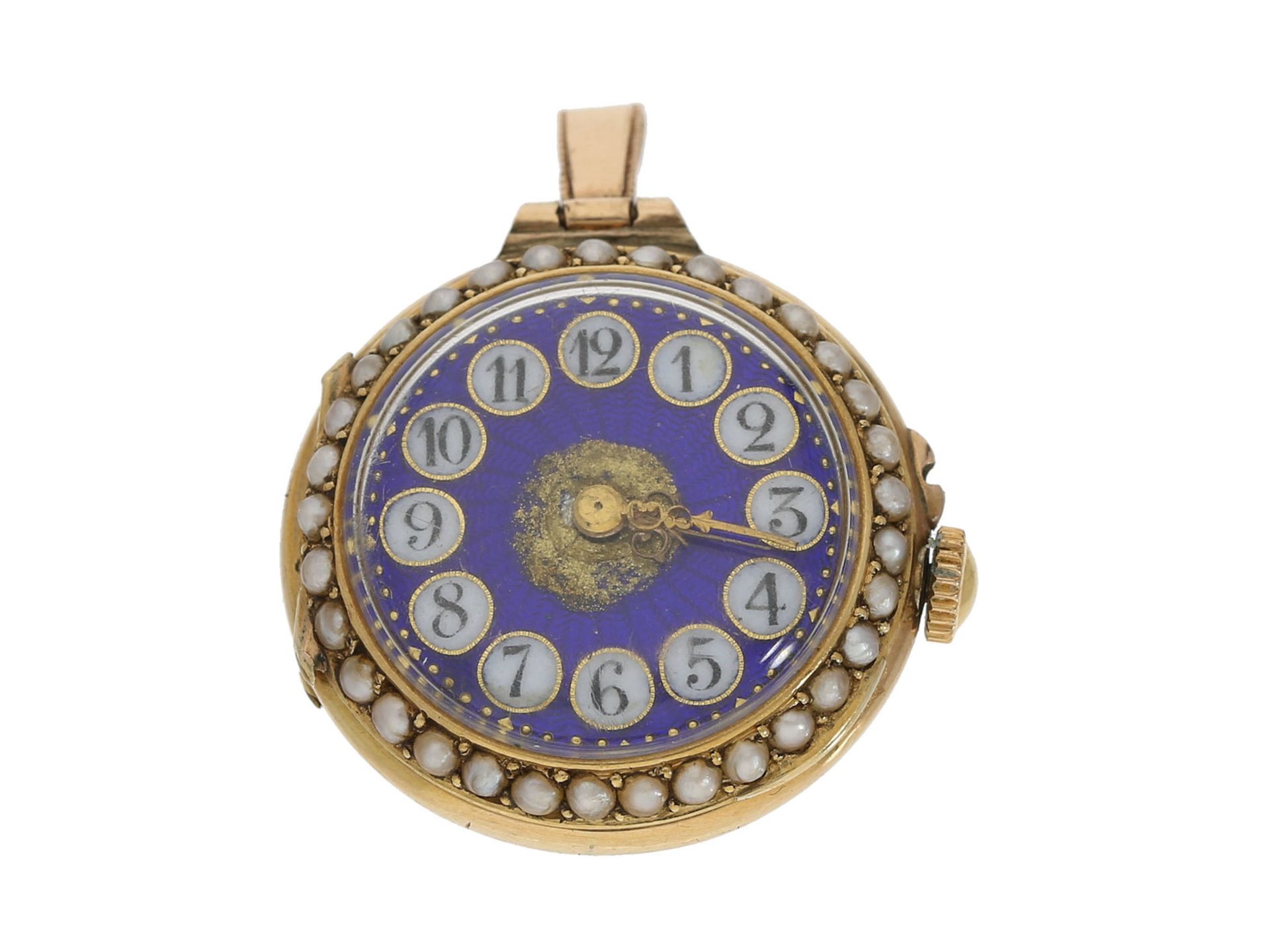 Taschenuhr/Anhängeuhr: außergewöhnliche Gold/Emaille-Damenuhr mit Perlen- und Diamantbesatz, Paul