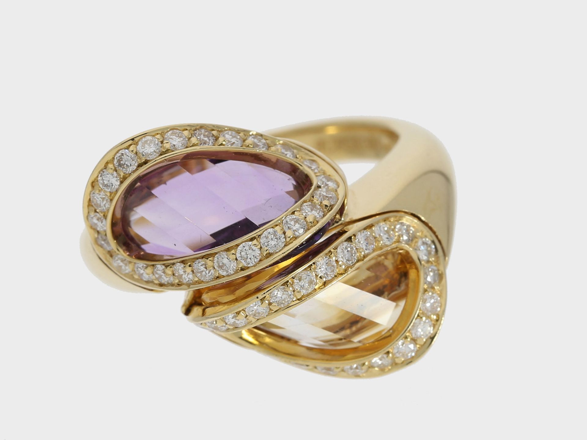 Ring: dekorativer italienischer Citrin/Amethystring mit Brillanten, 18K Gelbgold, Marke