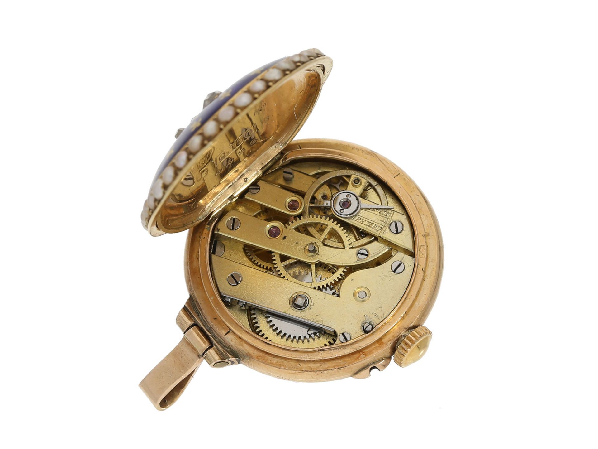 Taschenuhr/Anhängeuhr: außergewöhnliche Gold/Emaille-Damenuhr mit Perlen- und Diamantbesatz, Paul - Bild 4 aus 4