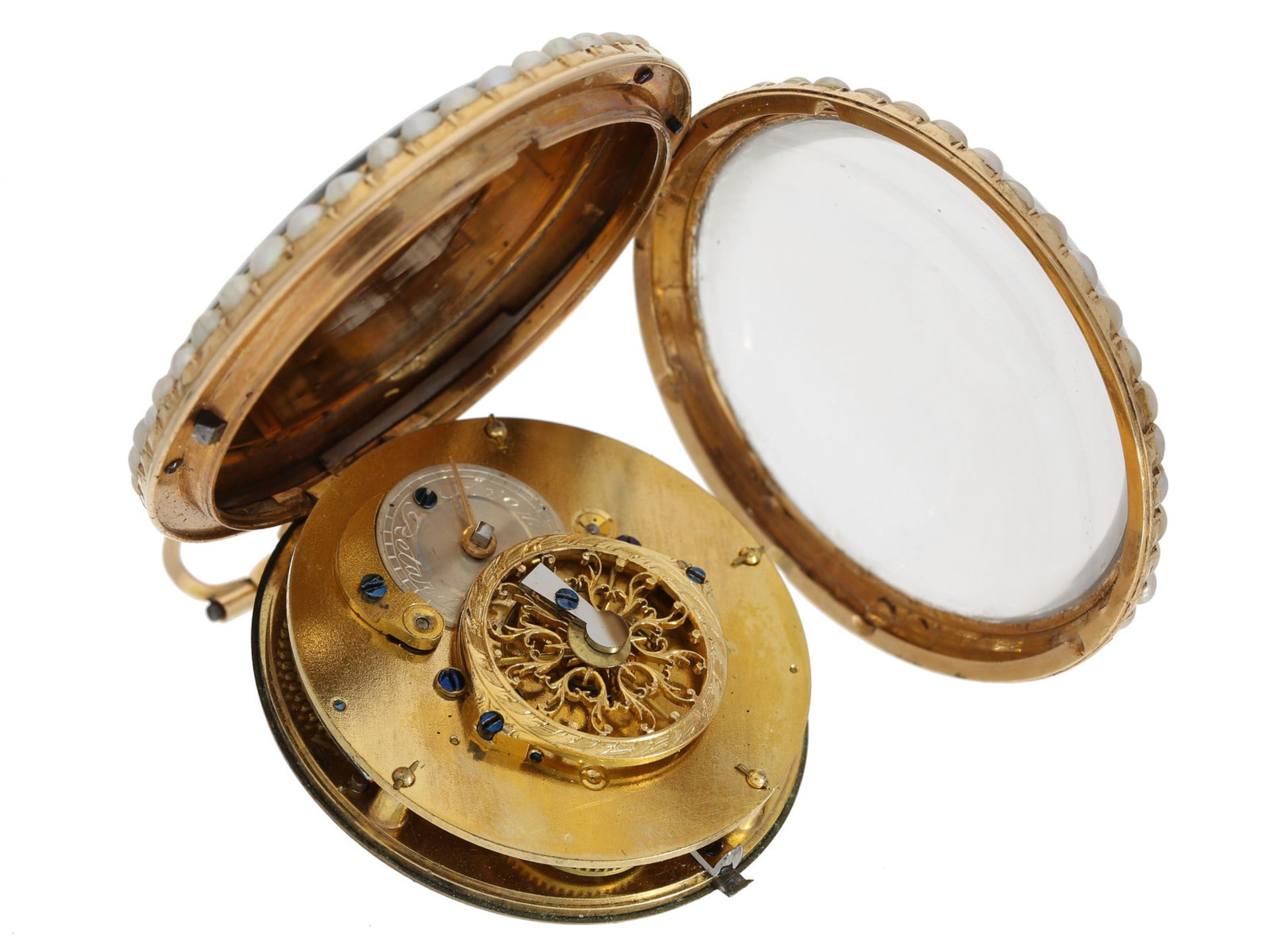 Taschenuhr: hochfeine Gold/Emaille-Spindeluhr mit Perlenbesatz, zugeschrieben Freres Melly, ca. - Bild 3 aus 3